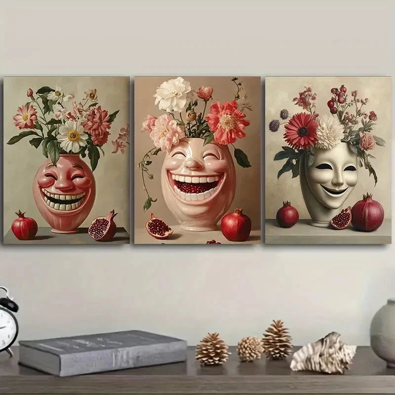 3-Piece Metal Wall Art Vase with Carved Faces - Ready to Hang Home Decor for Living Room, Bedroom & Office