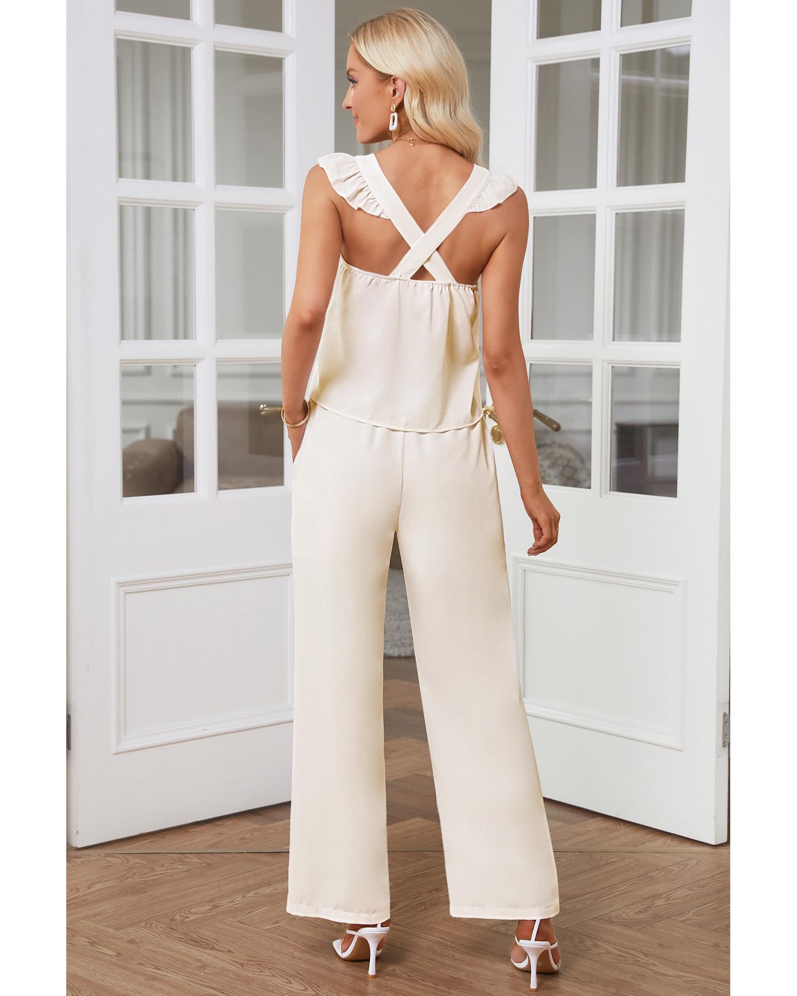 Luvamia Women's Two Piece Outfits - Flowy Square Neck Top & High Waisted Wide Leg Pants with Pockets | Summer Vacation Outfit Set | Beach, Travel, Casual Wear