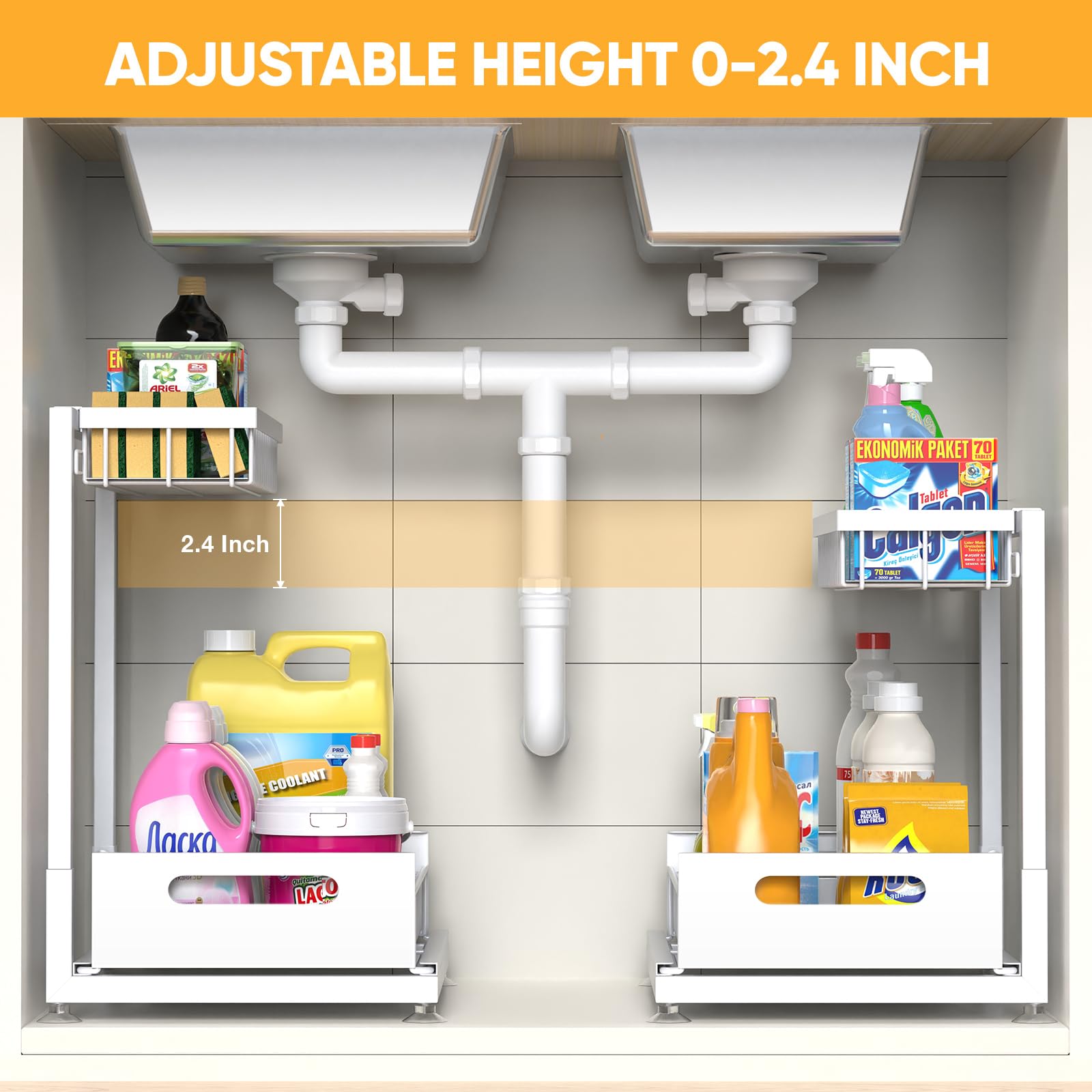 2 Pack Under Sink Organizer - Premium 2-Tier Pull Out Storage Rack, Adjustable Height & Easy Installation | White Metal Cabinet Organizer for Kitchen & Bathroom | Perfect for Small Spaces & Clutter-Free Storage