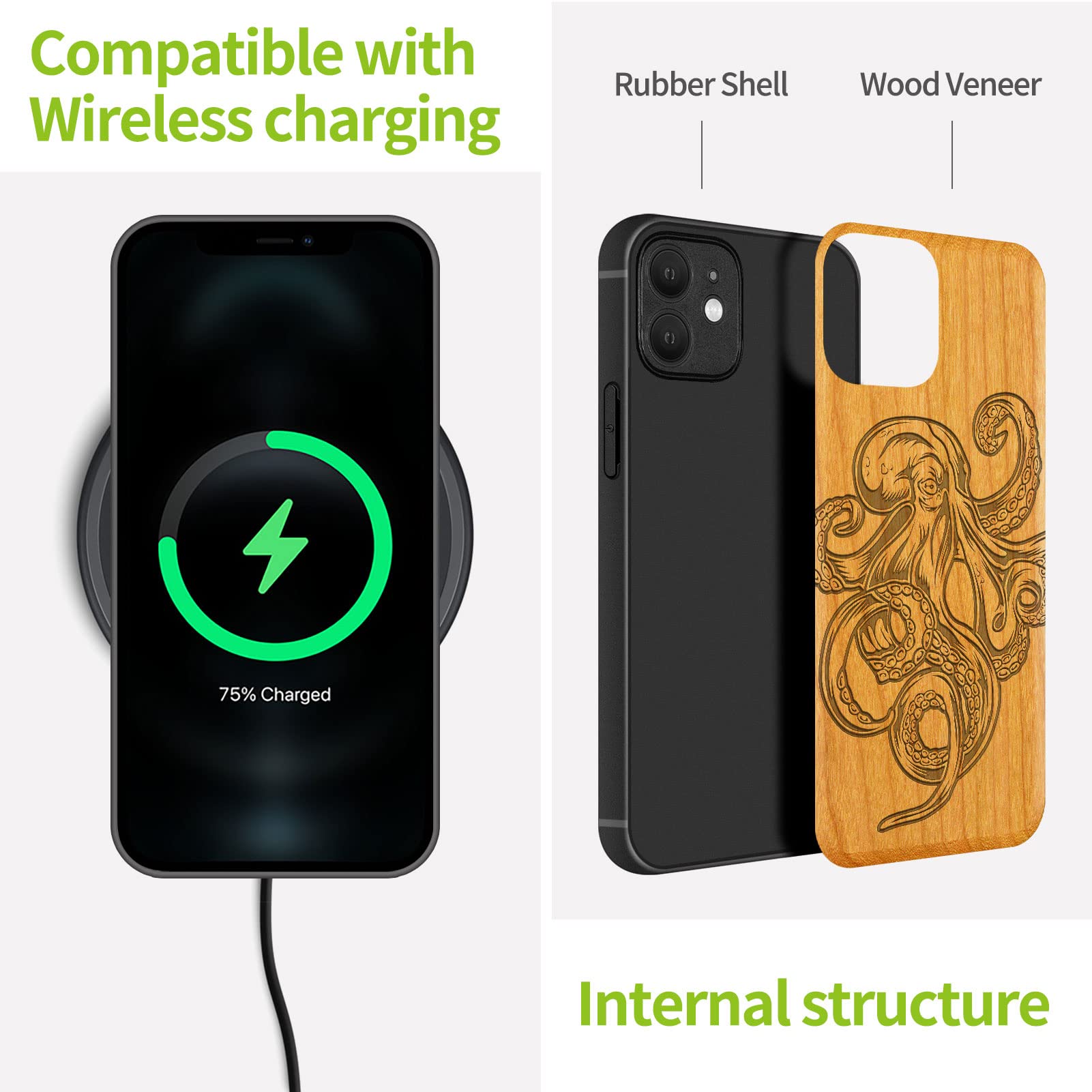 Carveit Magnetic Wood Case for iPhone 12 Mini - Natural Cherry Wood & Black TPU Shockproof Protective Cover - MagSafe Compatible - Unique Octopus Design - Perfect for Business, Travel & Everyday Use