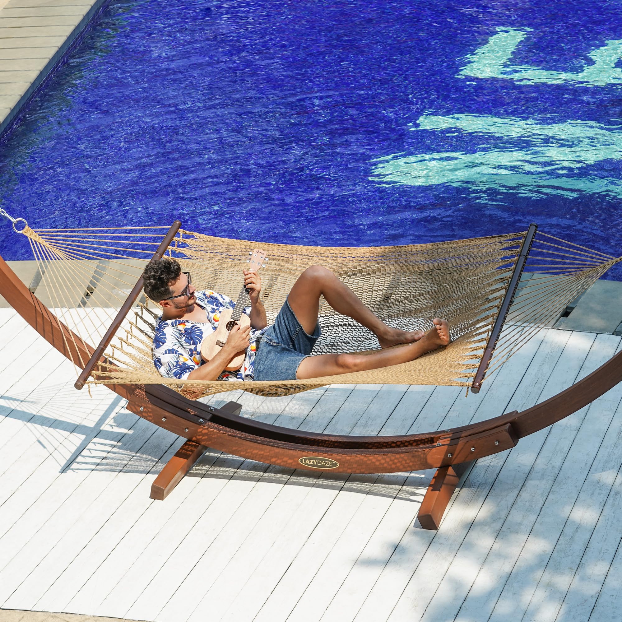 10.5 FT Double 2 Person Caribbean Rope Hammock - Hand Woven Polyester Outdoor Hammock with Spreader Bars - 450 LBS Capacity Tan - Perfect for Backyard, Patio, Poolside & Beach Relaxation