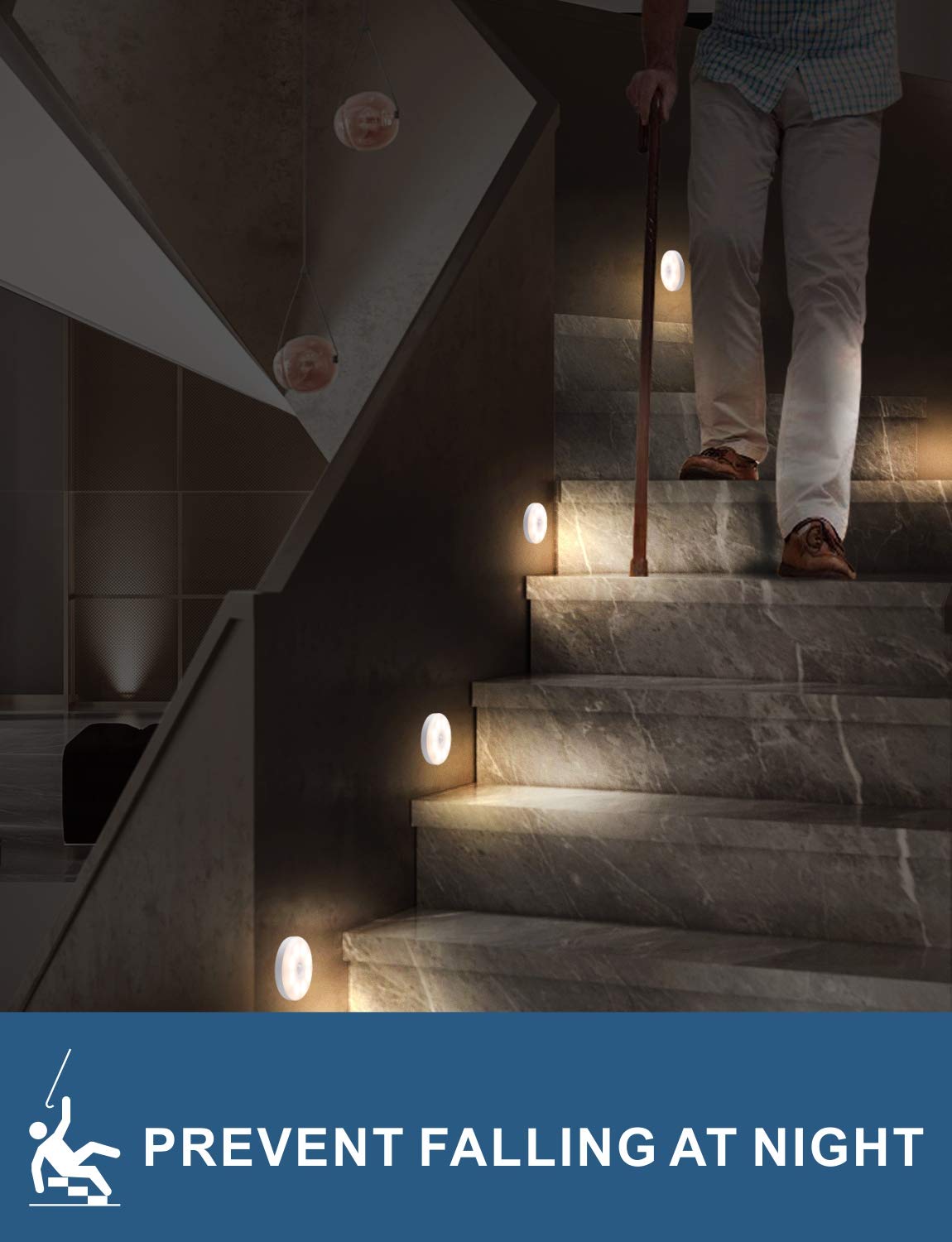 Motion Sensor LED Night Light - Rechargeable Stair & Closet Lighting with 3 White Lights for Home Safety & Convenience | Perfect for Hallways, Bedrooms, Kitchens & Bathrooms