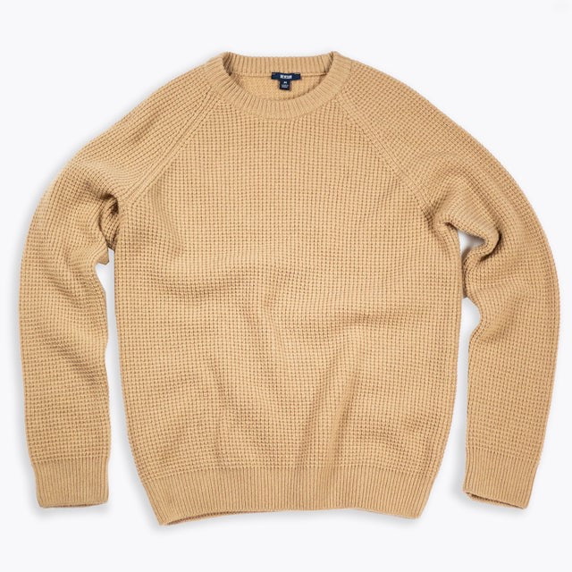 Blueridge Waffle Crewneck Sweater for Men & Women - Soft Thermal Knit Pullover in Camel Color - Perfect for Fall & Winter Layering, Casual Outfits and Cozy Loungewear