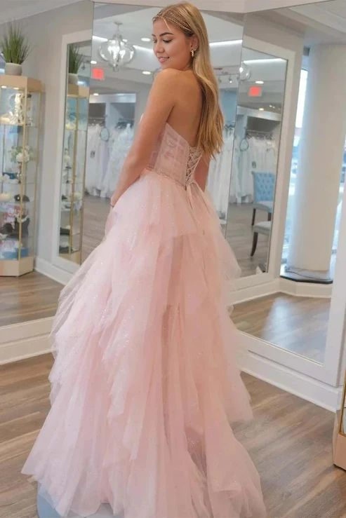Light Pink A-Line Long Prom Dresses Strapless Tulle Ball Gown for Birthday Party, Homecoming, Quinceañera, and Formal Events - Style J4260