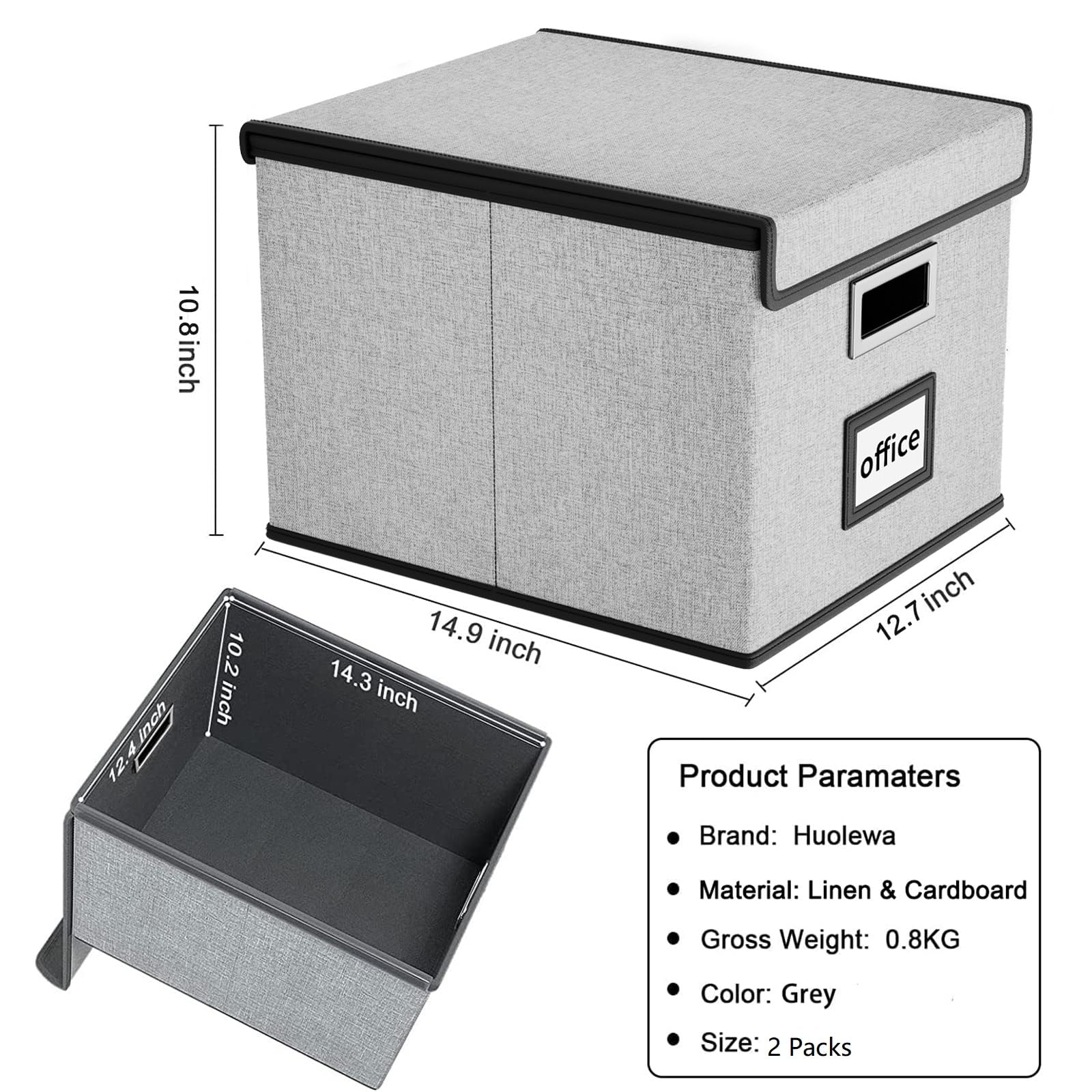 Huolewa Upgraded Collapsible File Storage Organizer Boxes with Lids - Portable Large Linen Hanging Filing Box for Home & Office Organization - Decorative File & Folder Storage System (Grey, 2-Pack) - Perfect for Desk, Closet, and Document Management