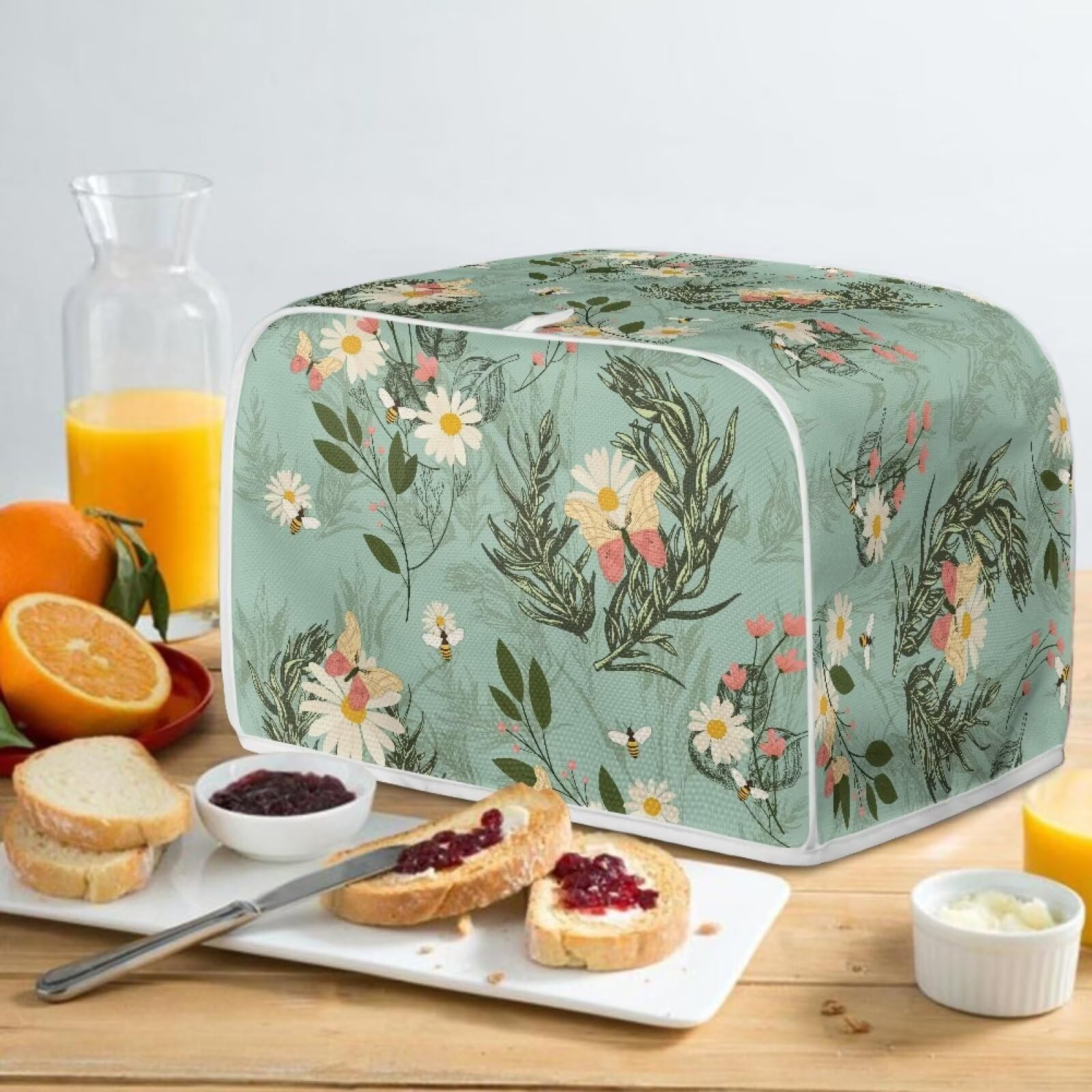 4-Slice Toaster Cover with Handle - Stain Resistant Dustproof Microwave & Toaster Oven Protector - Daisy Bee Leaf Blue Design - Perfect for Kitchen Countertop Protection & Small Appliance Storage