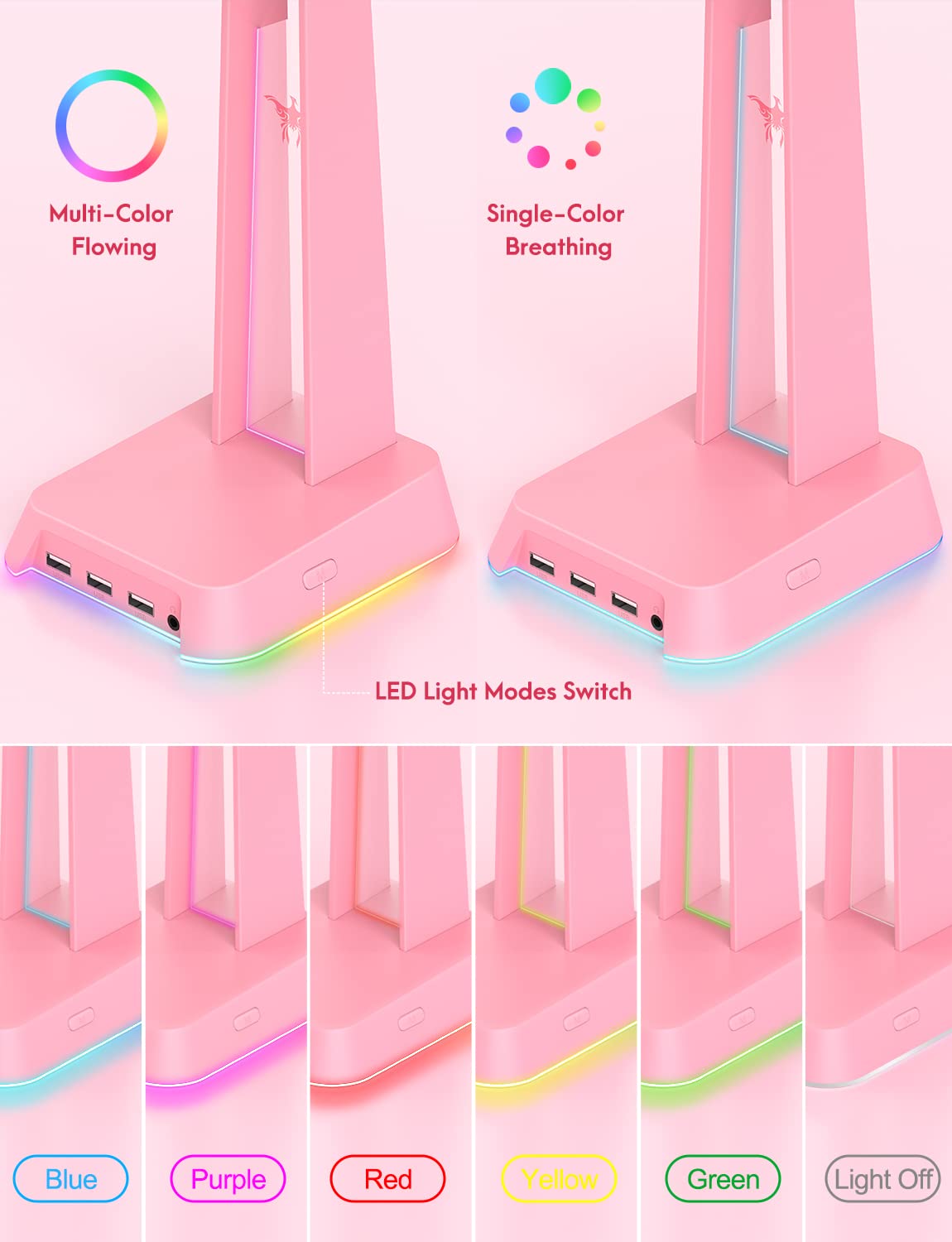 PHNIXGAM RGB Gaming Headphone Stand with 3.5mm AUX & 3-Port USB 2.0 Hub - Universal Headset Holder for PC, PS5, Xbox - Perfect for Gamers & Streamers (Pink) - Organize Your Gaming Setup & Charge Devices