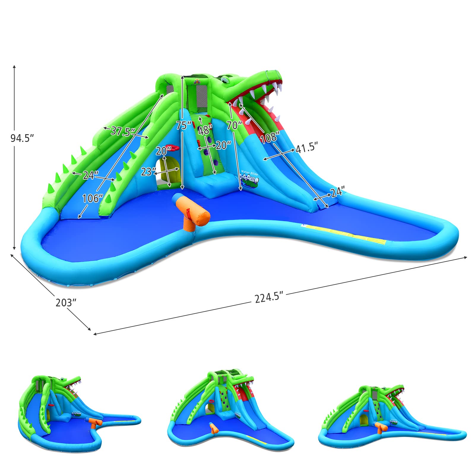 BOUNTECH 7-in-1 Inflatable Water Slide for Kids - Crocodile Mighty Water Park with Splash Pool, Climbing Wall, Water Cannon & Tunnel | Backyard Outdoor Summer Fun | Birthday Party, Family Gatherings, Poolside Entertainment (Air Blower Not Included)