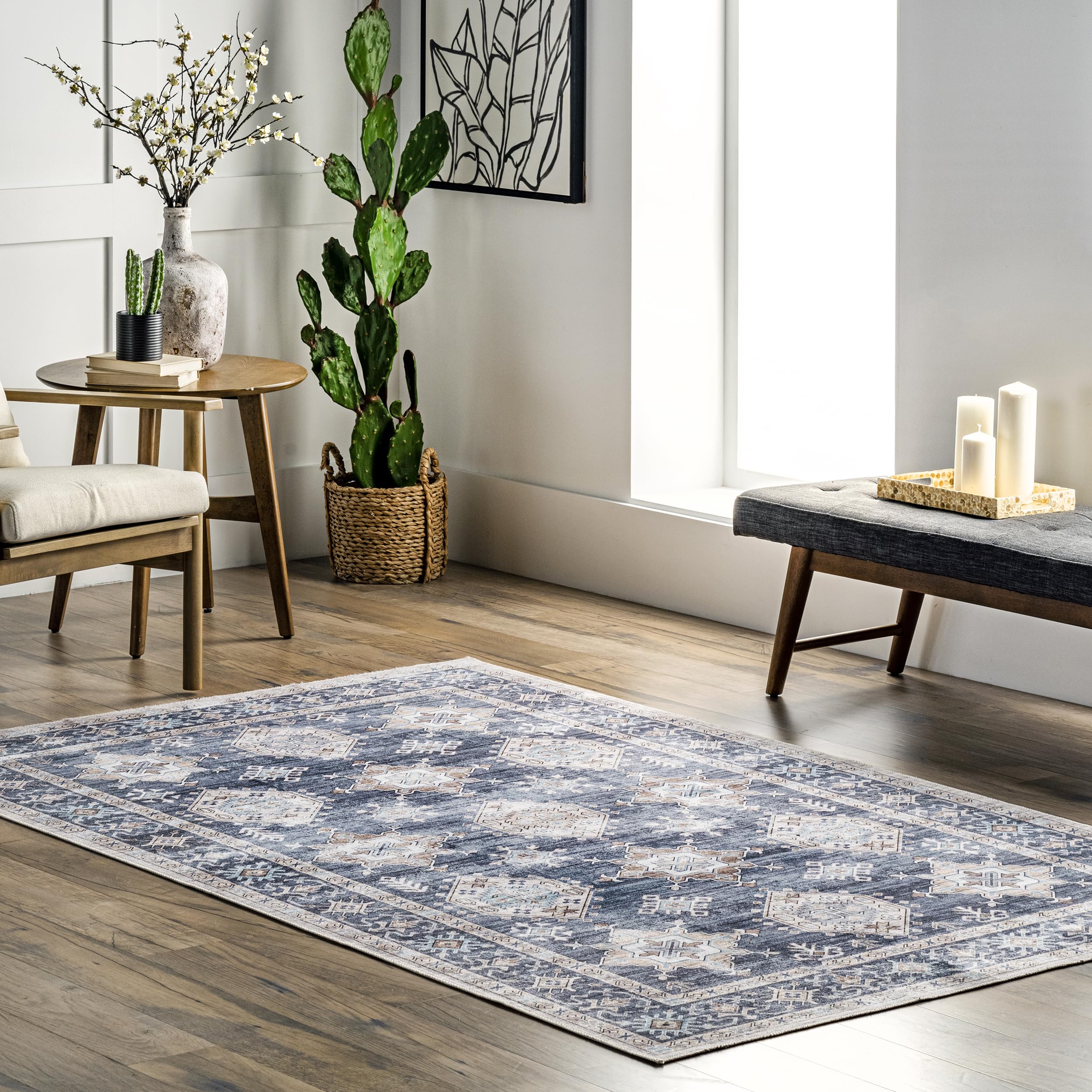 nuLOOM 6' x 9' Washable Area Rug - Stain Resistant, Non-Slip Backing, Low Profile - Perfect for Living Room, Bedroom & Dining Room - Finley Blue | Adds Comfort & Style to Your Home Decor