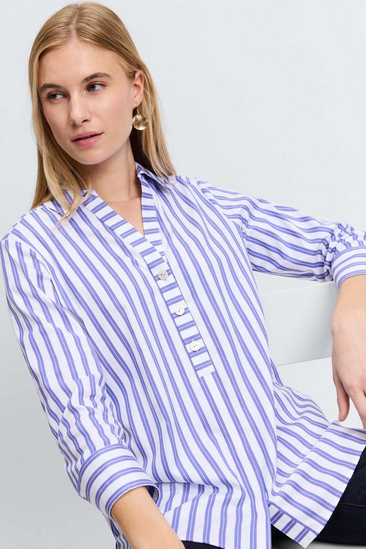 Pamela No Iron Stretch Stripe 3/4 Sleeve Shirt for Women - Wrinkle-Free Comfort Fit Blouse for Office, Travel & Casual Wear