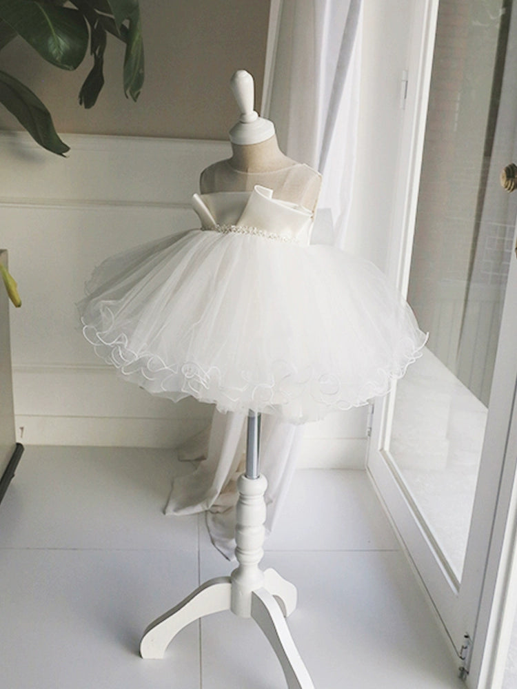 White Princess Round Tea Length Satin Flower Girl Dress for Weddings, Flower Girls & Special Occasions