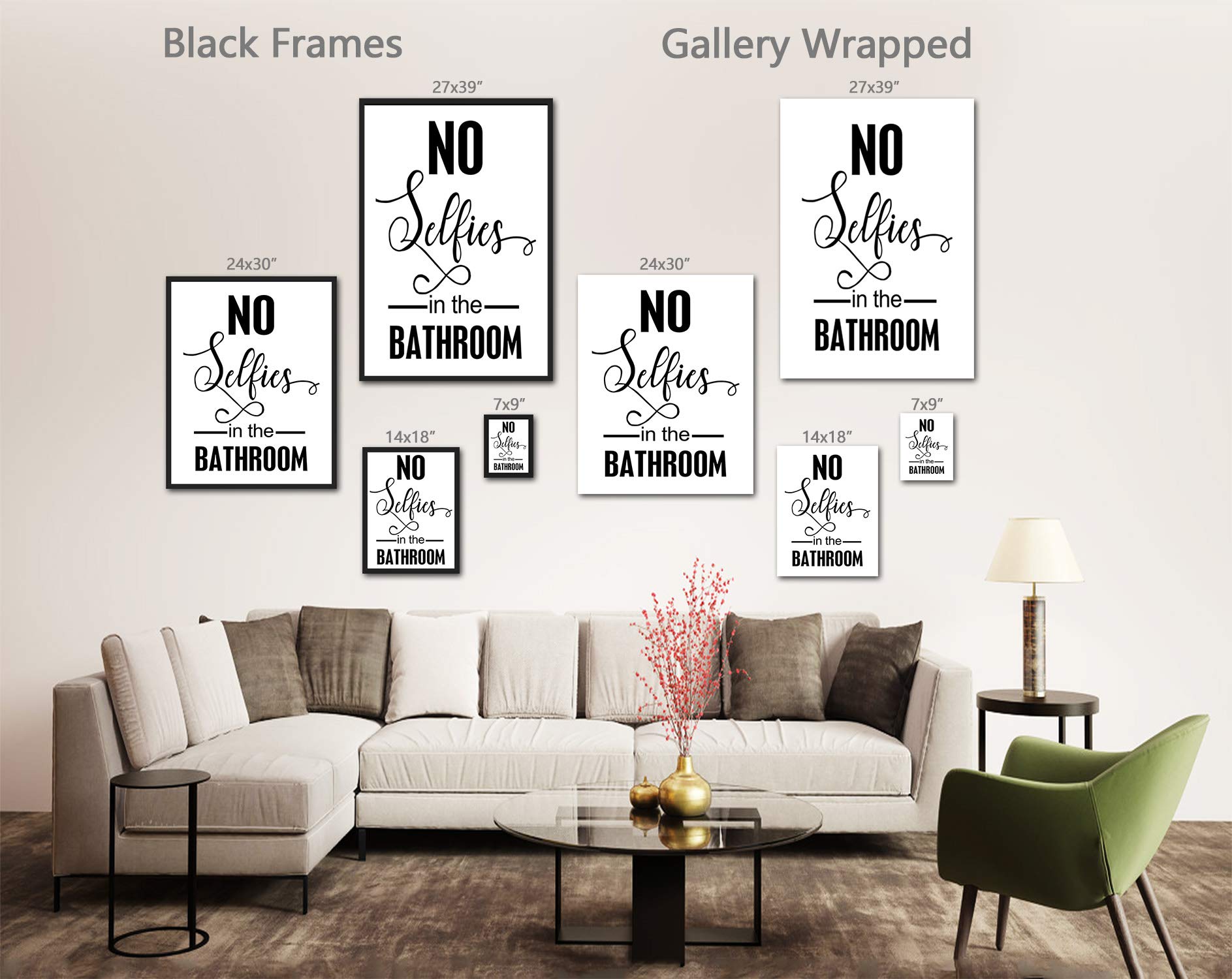 No Selfies in The Bathroom Sign - Framed Canvas Print Wall Art - 7x9 Inches White Gallery Wrapped Home Decor - Perfect for Bathroom, Office, or Funny Gift