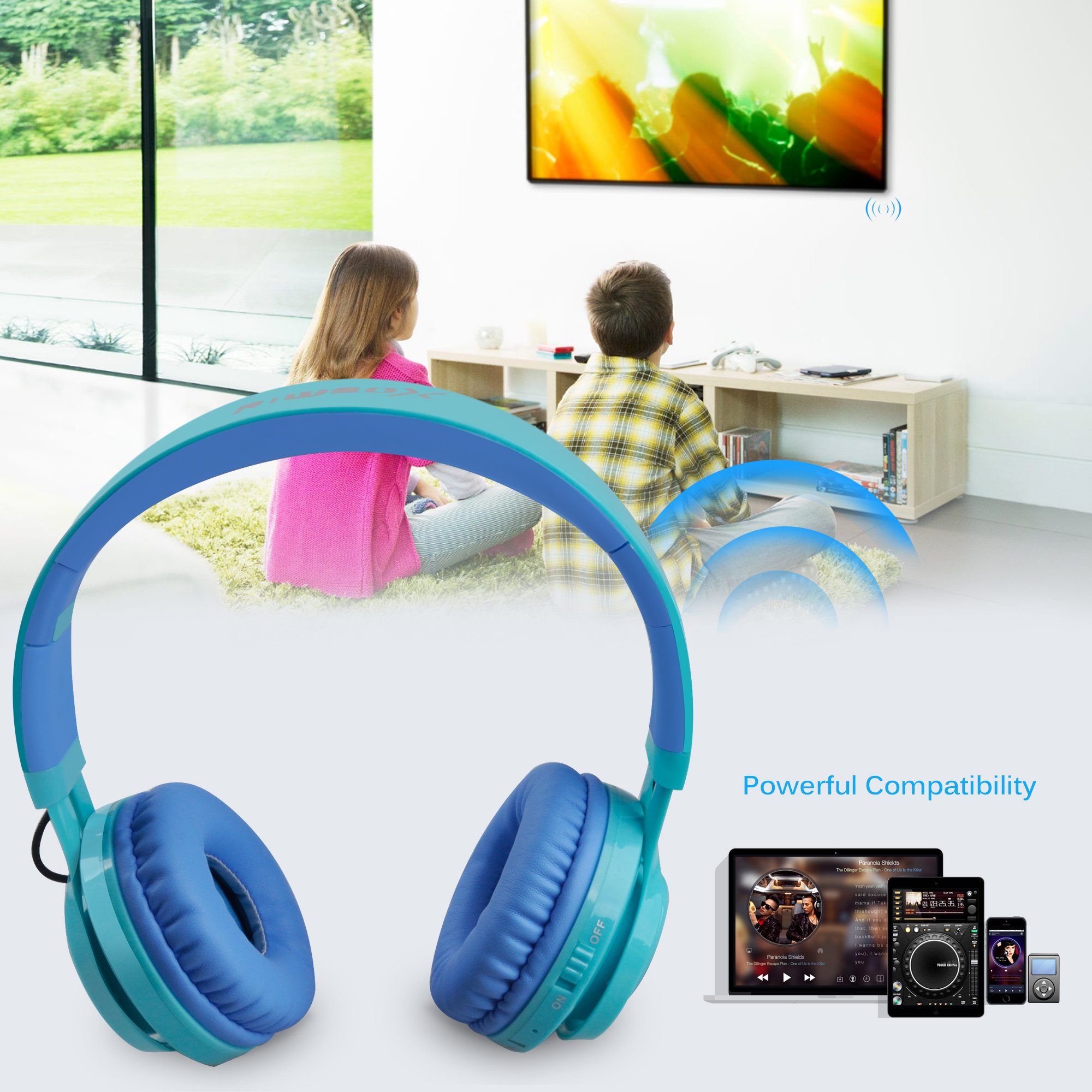 Riwbox WT-7S Kids Bluetooth Headphones with LED Lights - Wireless Foldable Stereo Headset with Built-in Mic & Volume Control - Compatible with PC, Tablet, TV - Perfect for School, Travel & Home Use (Blue)