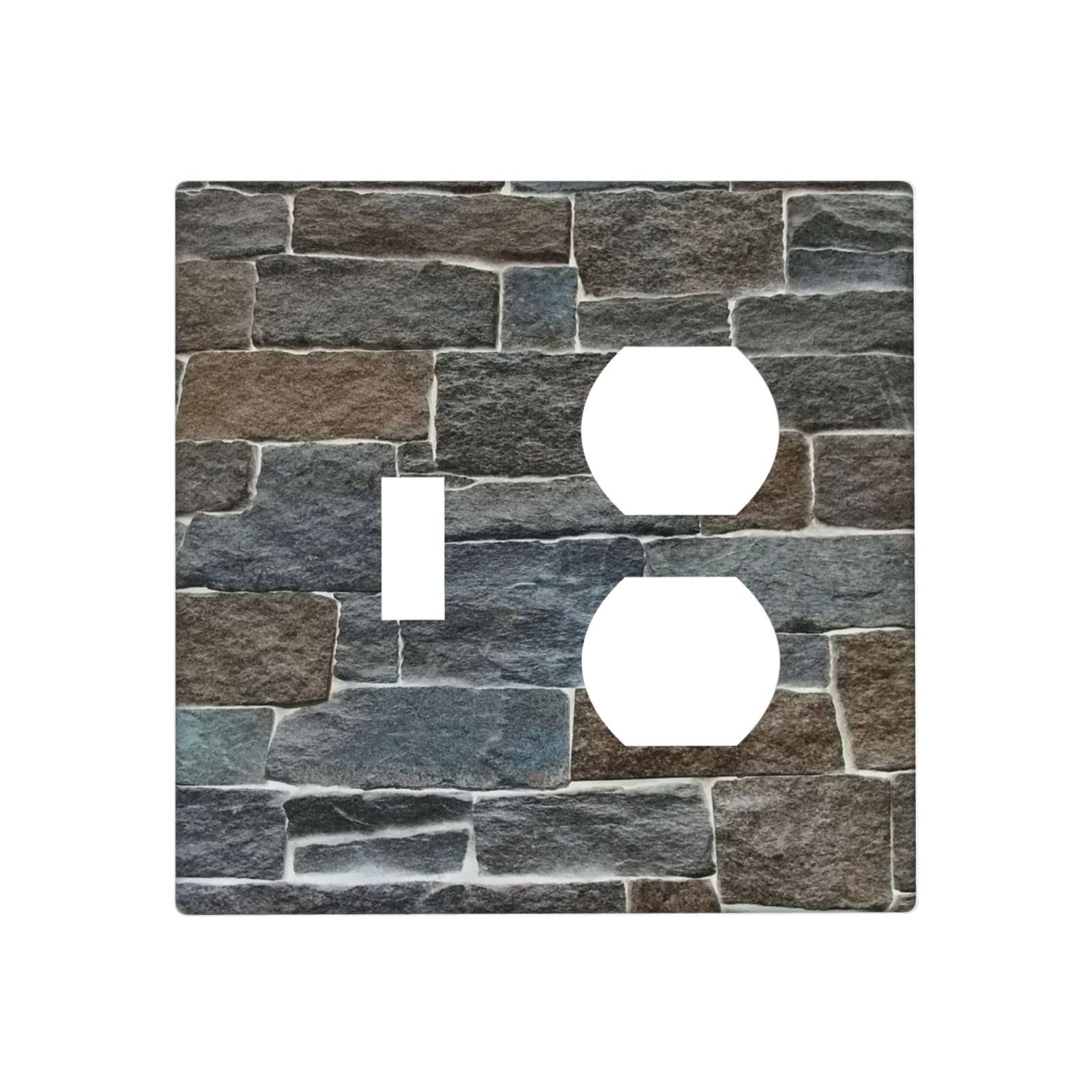 Farmhouse Style Stone Texture 2 Gang Toggle Duplex Outlet Wall Plate - Decorative Light Switch Cover for Living Room, Bedroom, Bathroom & Laundry Room - Durable Electrical Accessory with Combination Design