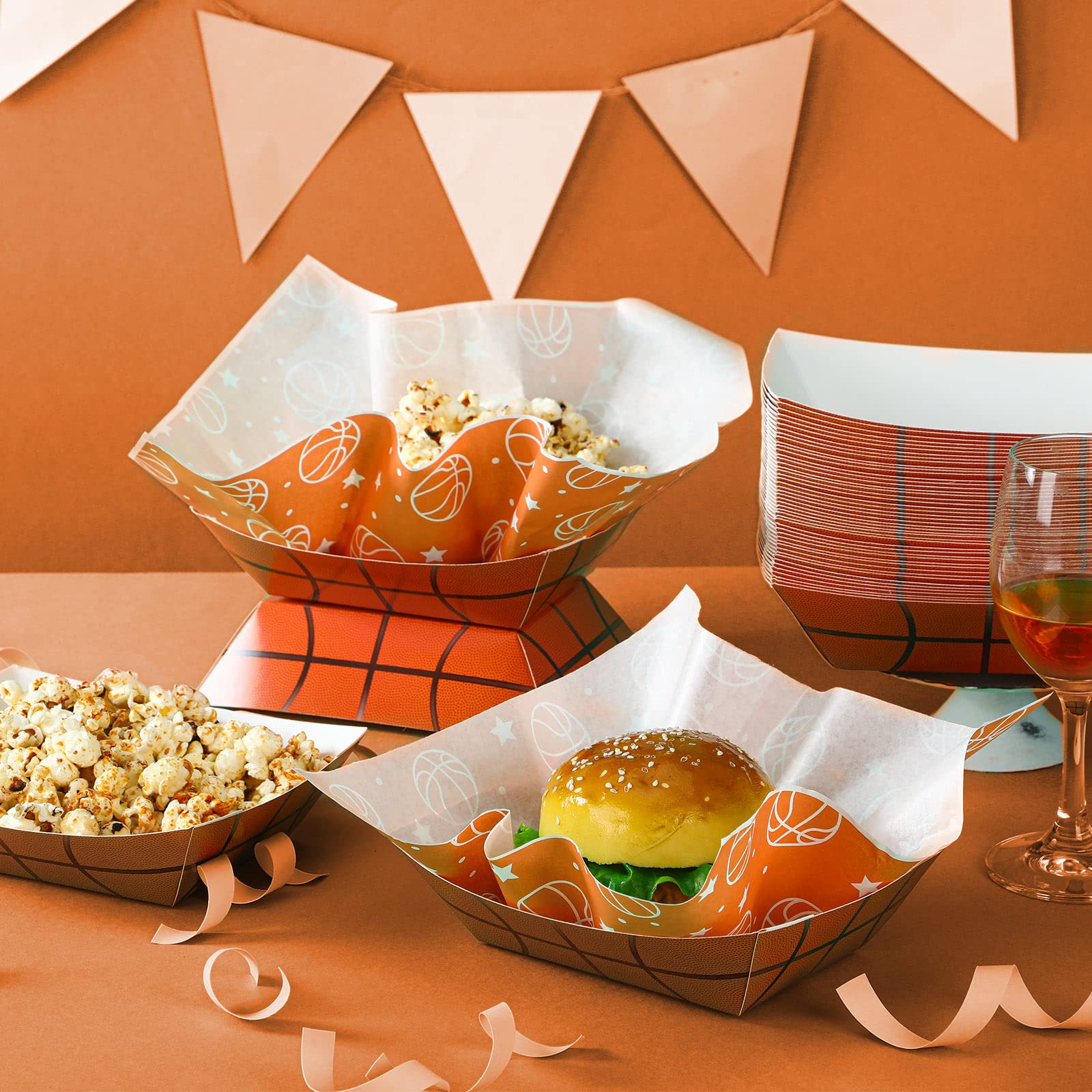 Marsui 100-Pack Basketball Party Supplies - Disposable Paper Food Trays & Wax Paper Sheets for Sports Themed Birthday Parties, Golf, Softball, Soccer & Baseball Events | Perfect for Game Day Snacks, Tailgating & Team Celebrations