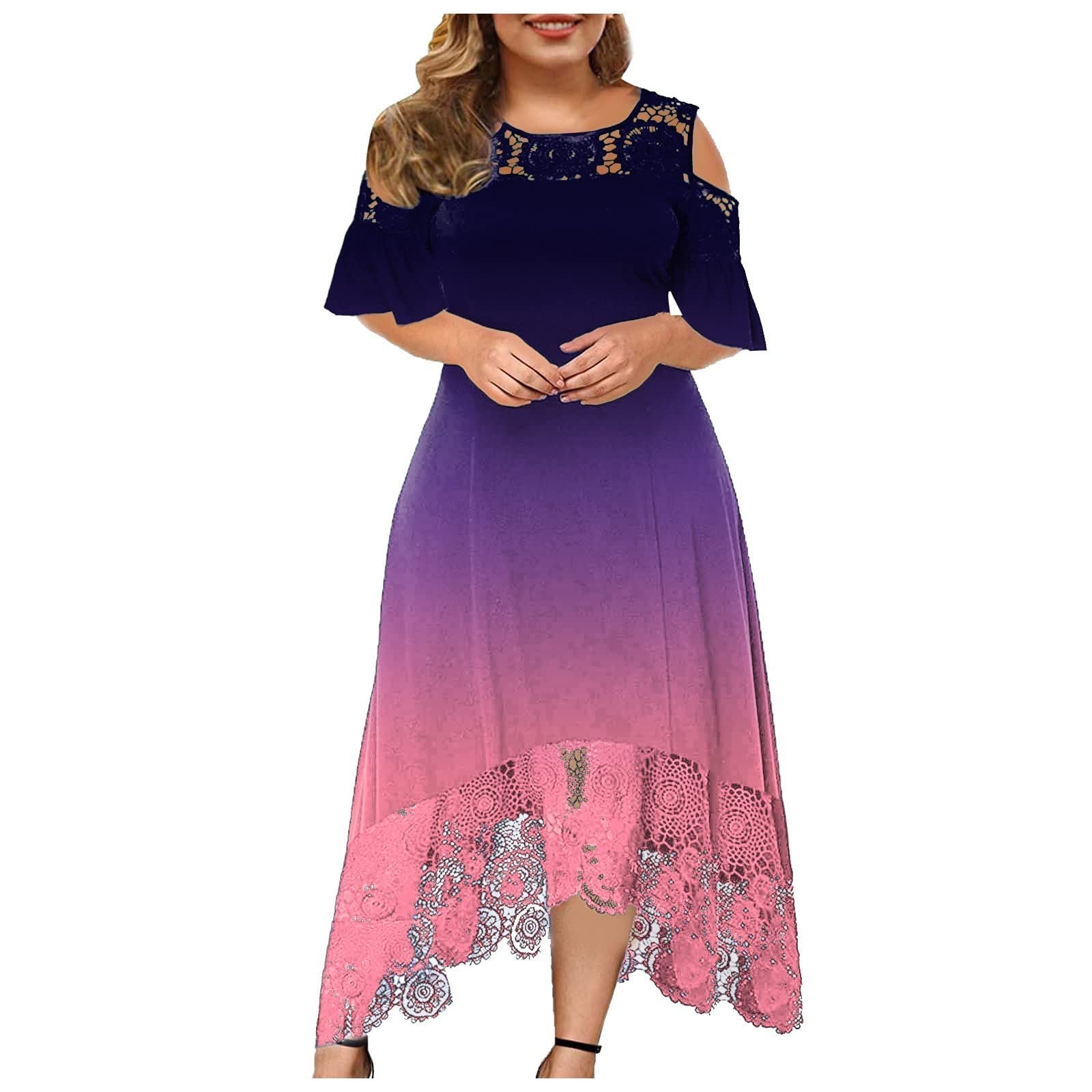Plus Size Wedding Guest Dresses for Women - Casual Gradient Lace Round Neck Short Sleeve Dress with Irregular Hem | Perfect for Bridal Showers, Garden Parties & Formal Occasions