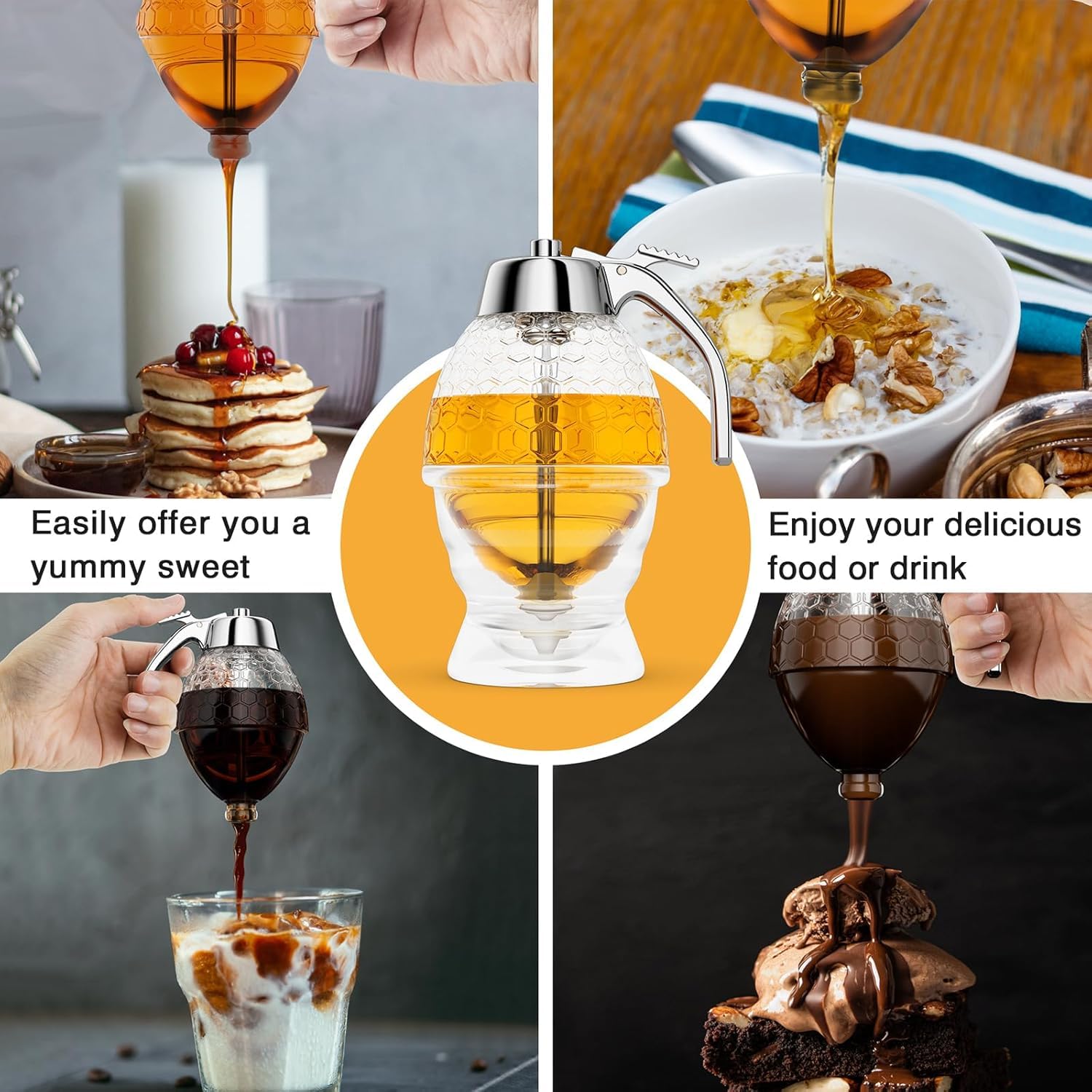 No Drip Honey Dispenser & Maple Syrup Dispenser - 8oz Beehive Shaped Honey Jar with Stand - Beautiful Kitchen Decor for Home, Coffee Bar & Breakfast Table - Perfect for Pancakes, Waffles & Tea Time