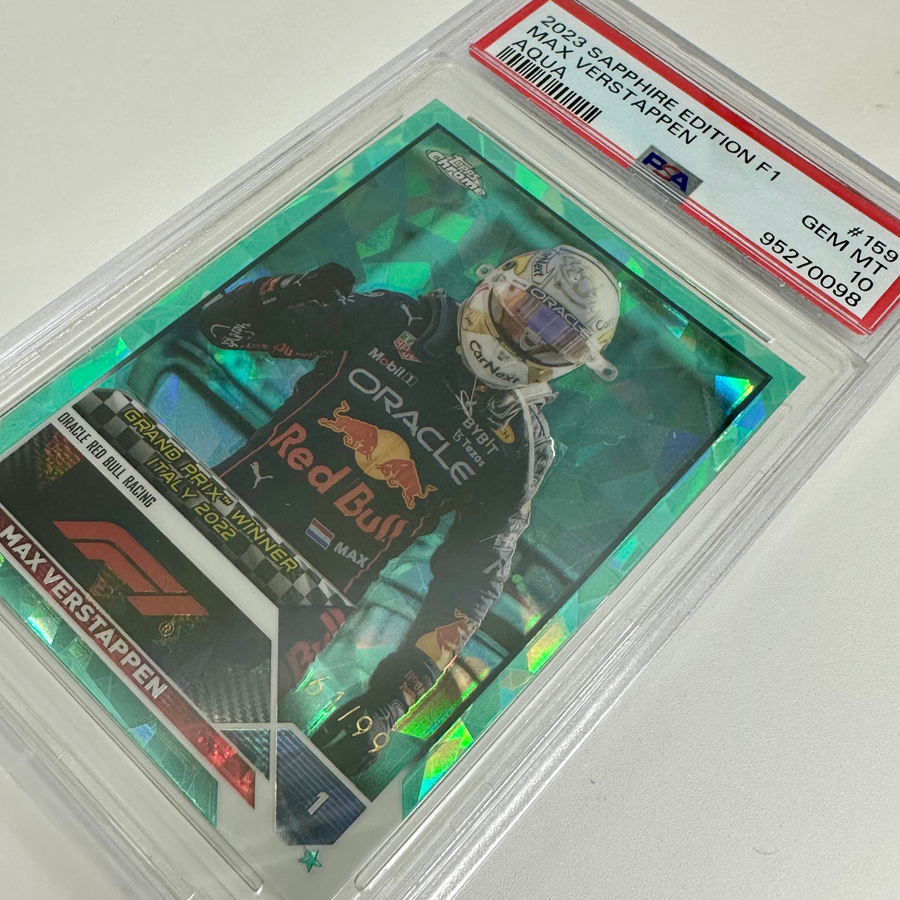 2023 Topps Chrome Sapphire Aqua Max Verstappen #159 PSA 10 61/99 - Rare F1 Racing Card for Collectors & Sports Memorabilia Enthusiasts