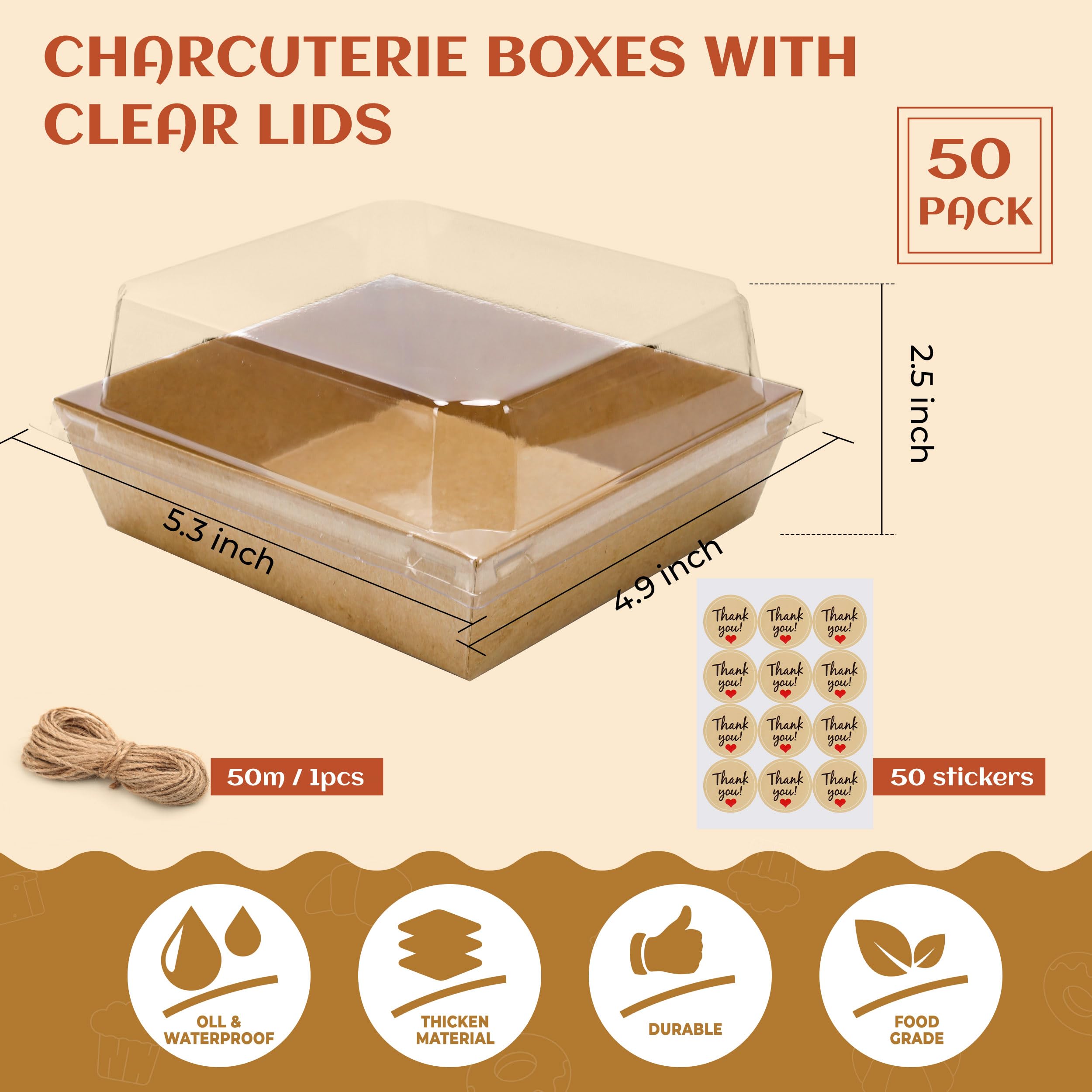 50 Pack Disposable Clear Lid Charcuterie Boxes 5.3x4.9x2.5 Inch - Mini Bakery Food Containers for Desserts, Cookies, Sandwiches & Cakes | Perfect for Parties, Catering & Takeout Treats