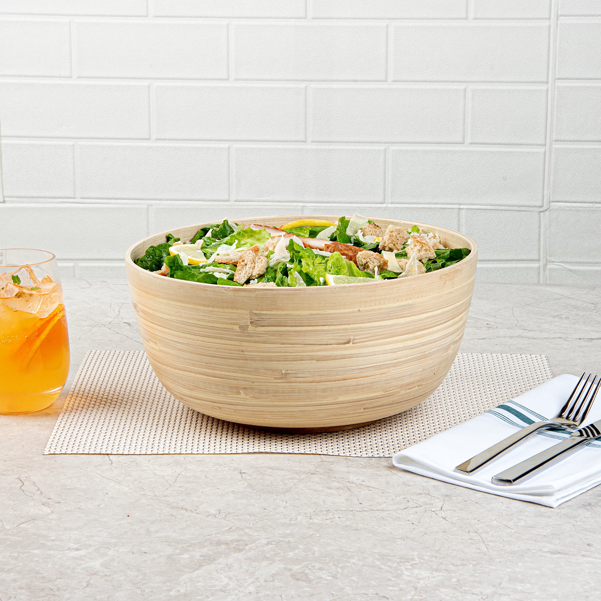 Bambuddha 30 oz Large Round Natural Spun Bamboo Salad Bowl - 11 x 11 x 5.5 Inches - Eco-Friendly Serving Bowl for Salads, Pasta, Fruits & Party Dishes - 1 Count Box
