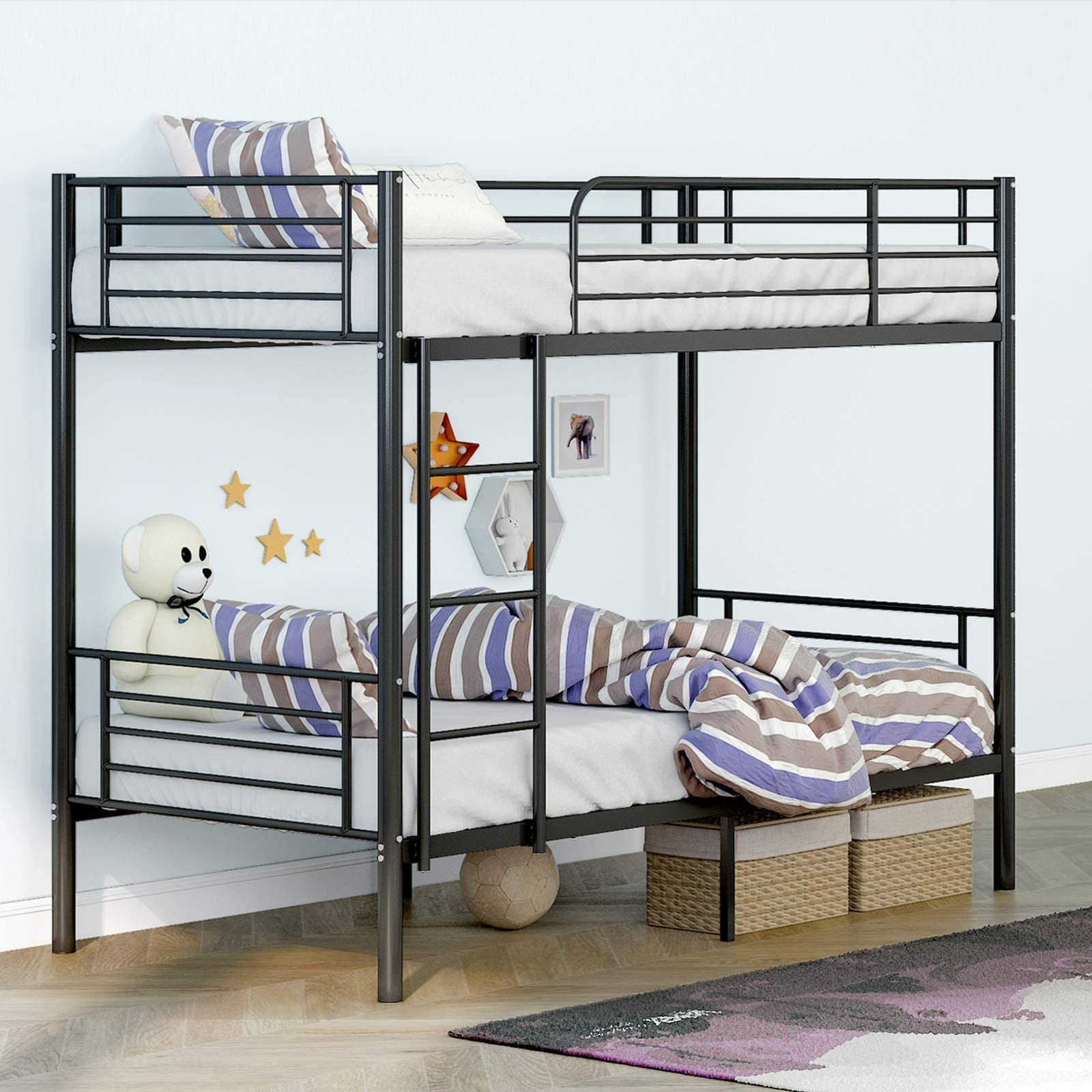Heavy Duty Twin Over Twin Metal Bunk Bed Frame with Guardrail & Ladder - Space Saving, Noise Free, No Box Spring Needed - Sturdy Black Bunk Beds for Kids, Teens & Adults - Perfect for Small Bedrooms, Dorms & Guest Rooms (Model 2685)