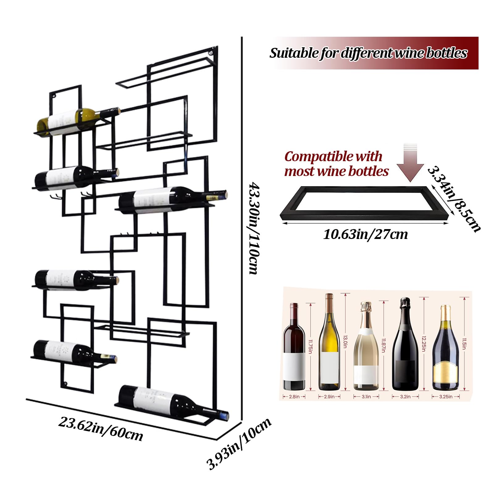 Industrial Wall Mounted Wine Rack for 10 Bottles - Black Metal Kitchen Bar Decor Shelf (43.3x23.6x3.9in) - Space Saving Wine Storage Solution for Home, Restaurant & Bar Decor - Easy Access Hanging Wine Bottle Holder (1pc, Gold)