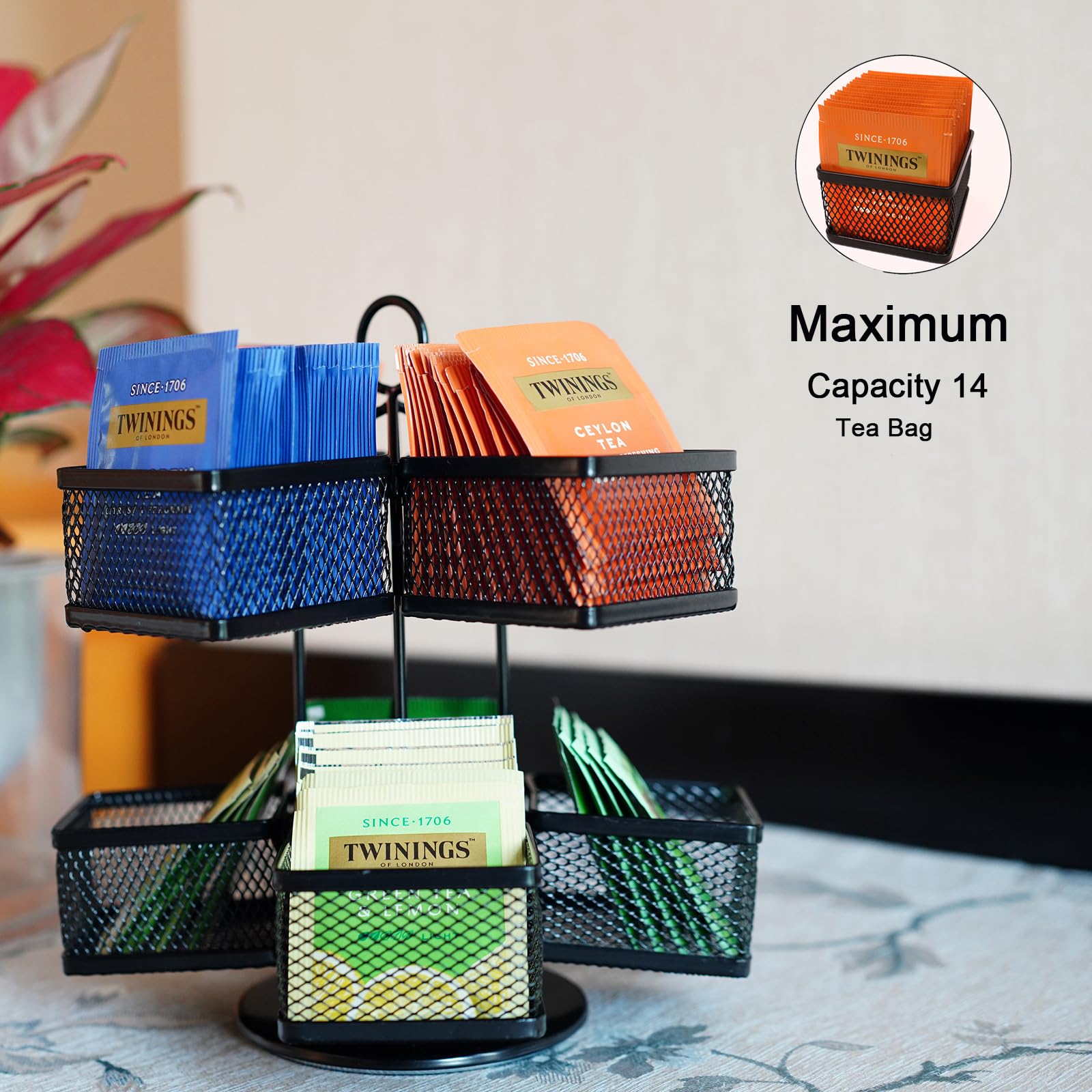 SEVENLINE 2-Tier Spinning Tea Bag Organizer - Holds 112 Teabags, Coffee Pods & Sweeteners | Space-Saving Carousel for Counter, Cabinet & Pantry Storage | Perfect for Tea Lovers & Coffee Stations