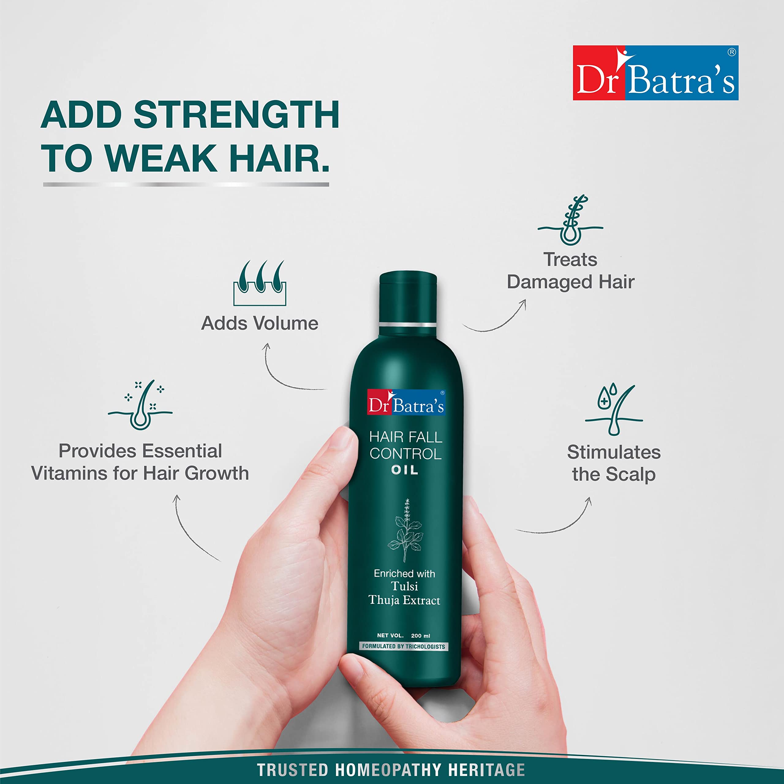 Dr Batra's Hair Fall Control Oil - Natural Hair Growth Treatment with Thulsi, Brahmi & Thuja - Scalp Nourishment for Damaged Hair - Promotes Healthier Hair & Reduces Hair Loss (200ml) - Perfect for Daily Hair Care Routine & Scalp Massage