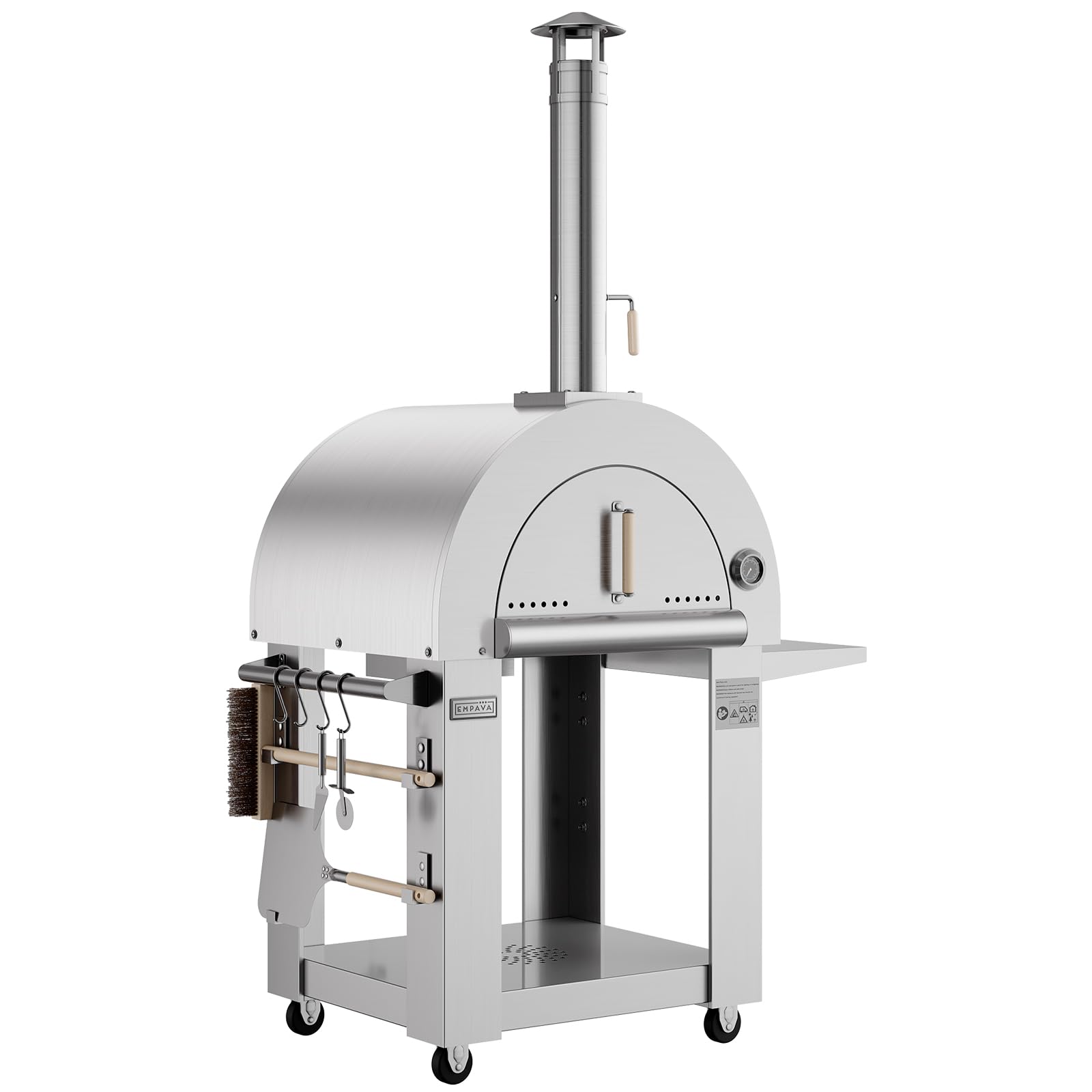 Empava 46 Inch Stainless Steel Wood Fired Pizza Oven with Wheels & Side Panel - Outdoor Kitchen, Backyard Party, Camping & Grill Accessories - Freestanding Silver Design for Patio, Garden & Tailgating