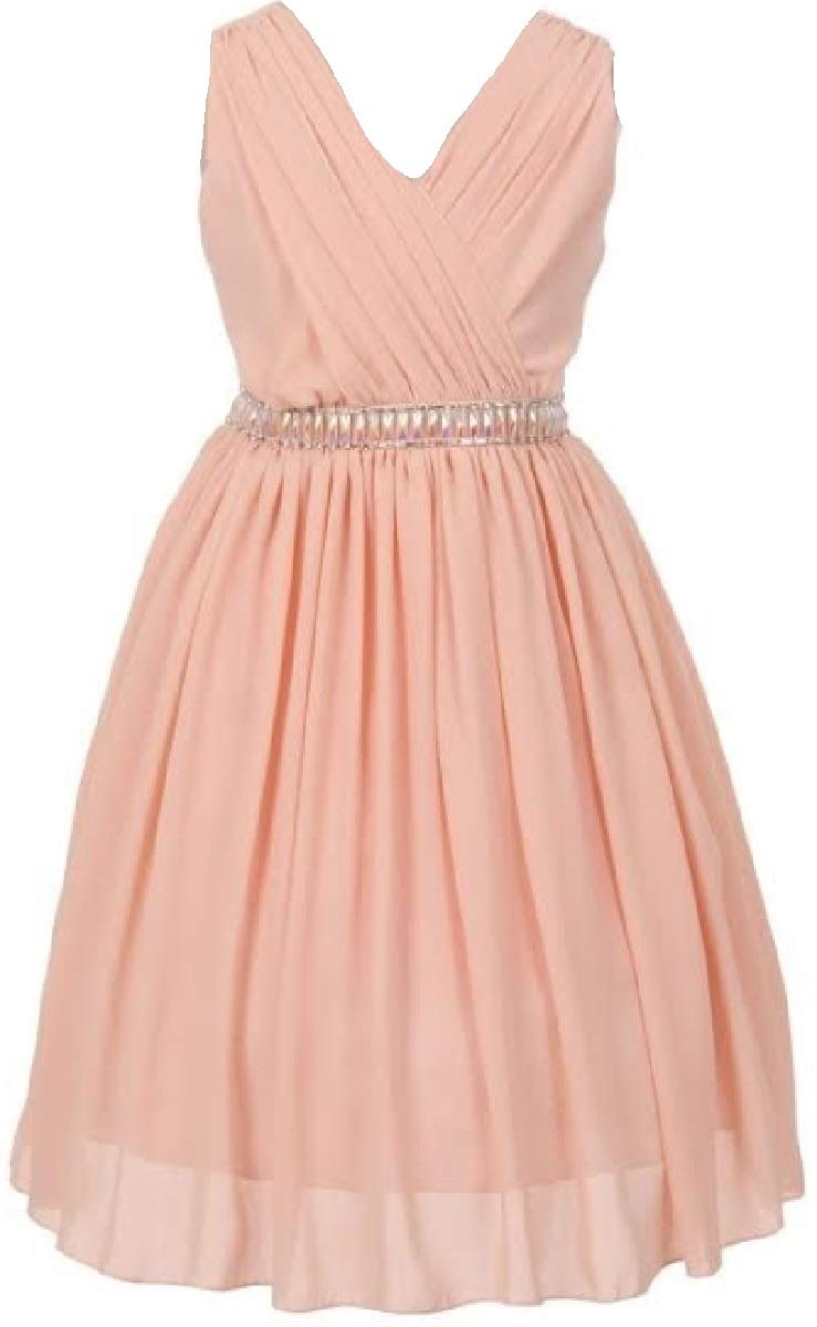 Little Girls V-Neck Chiffon Dress with Ruched Bodice & Jeweled Flower Details - Perfect for Birthday Parties, Weddings & Special Occasions