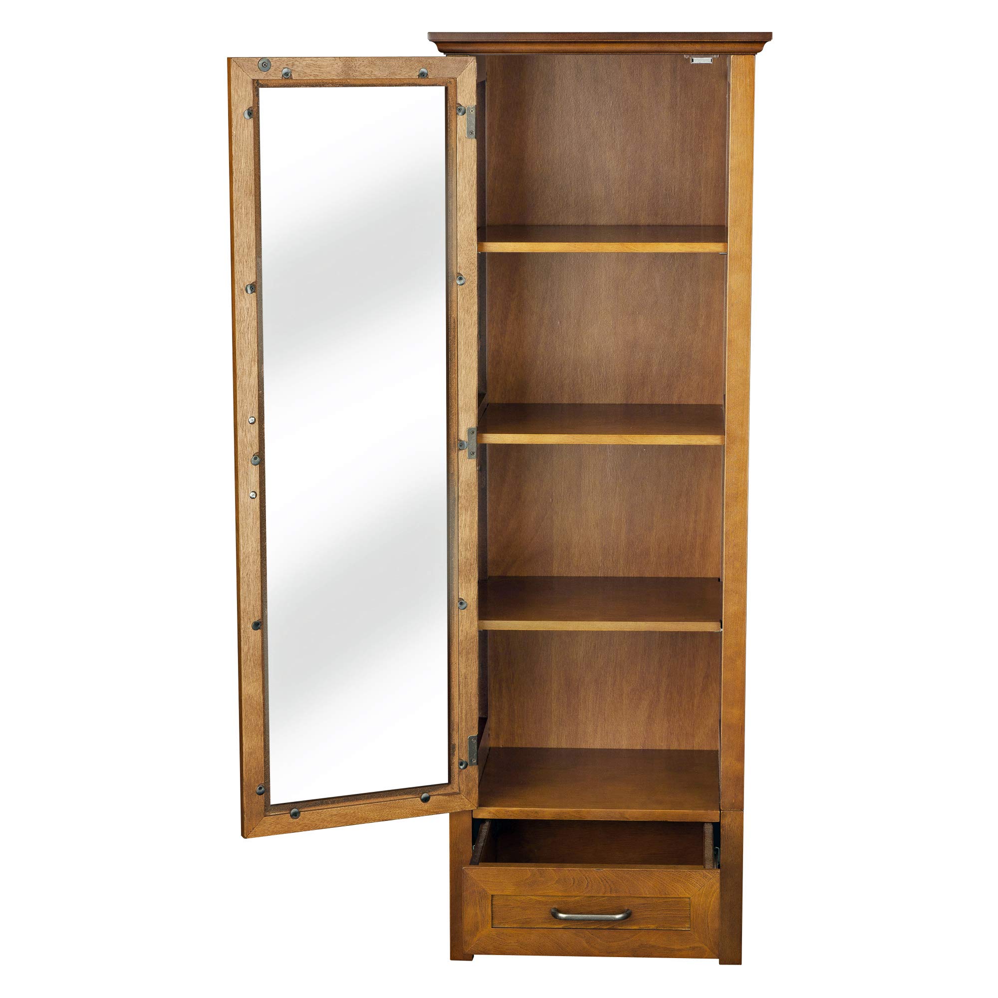Teamson Home Avery Linen Tower - Tall Slim Narrow Wooden Bathroom Storage Cabinet with Glass Panel Door, 4 Tiered Shelves & 1 Drawer in Oil Oak Finish | Space-Saving Organizer for Bathroom Essentials, Towels & Toiletries