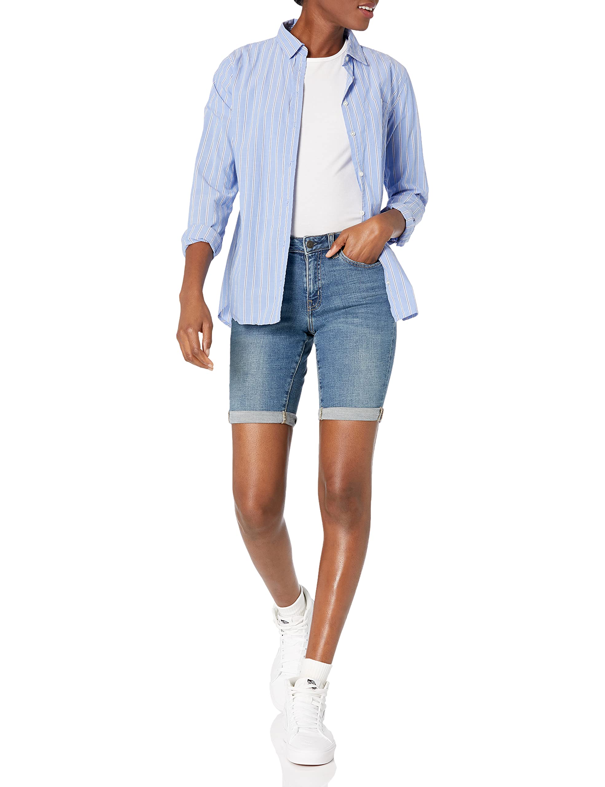 Amazon Essentials Women's Denim Bermuda Shorts with Pockets - Comfortable Stretch Denim Shorts for Women, High Waisted Casual Summer Shorts with Side Pockets | Perfect for Beach, Vacation & Everyday Wear