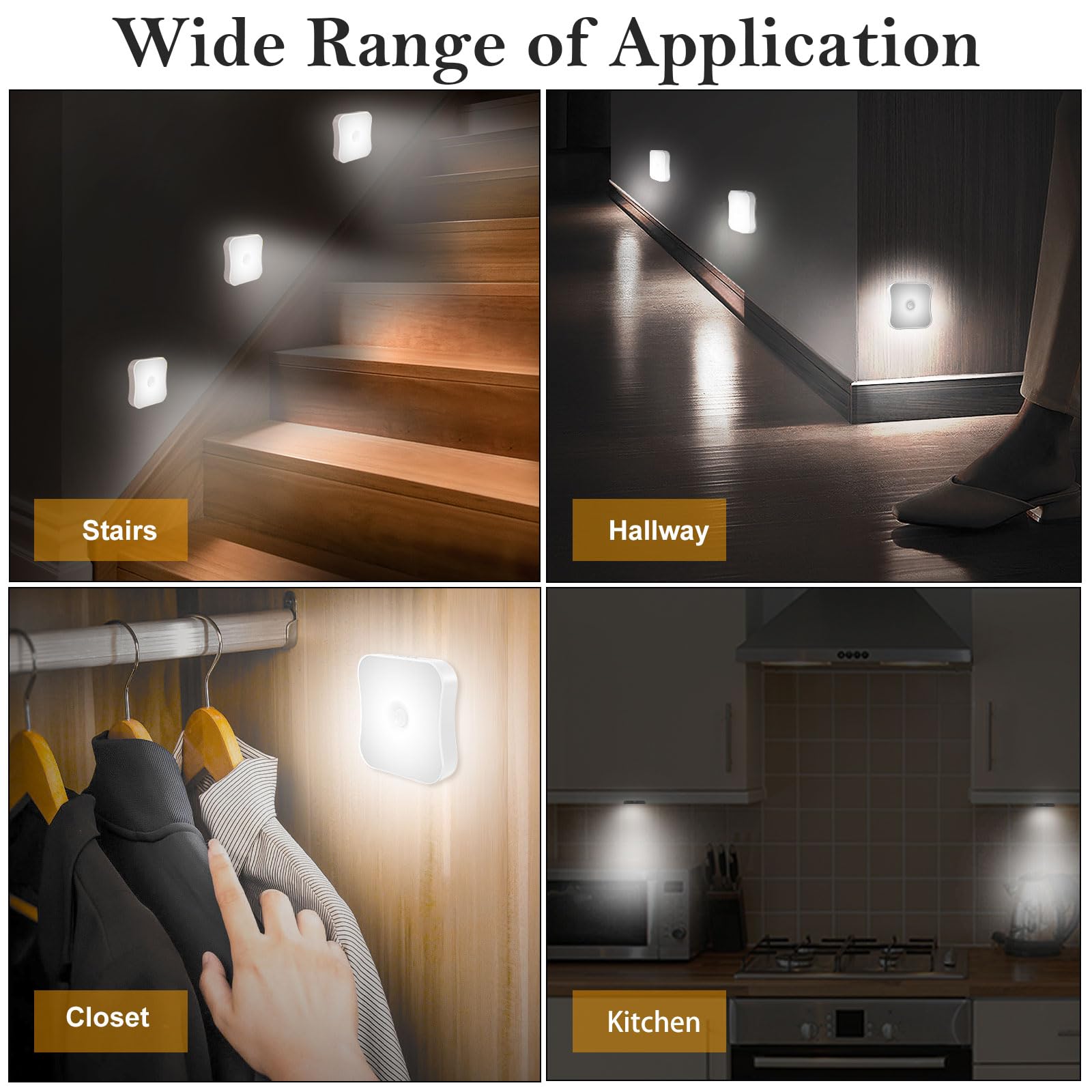 Best Rechargeable Motion Sensor Lights Indoor - Wireless Stick-On Night Lights for Stairs, Hallway, Closet, Steps, Under Cabinet, Bathroom & Bedroom - 4 Pack - Perfect for Home Safety & Convenience