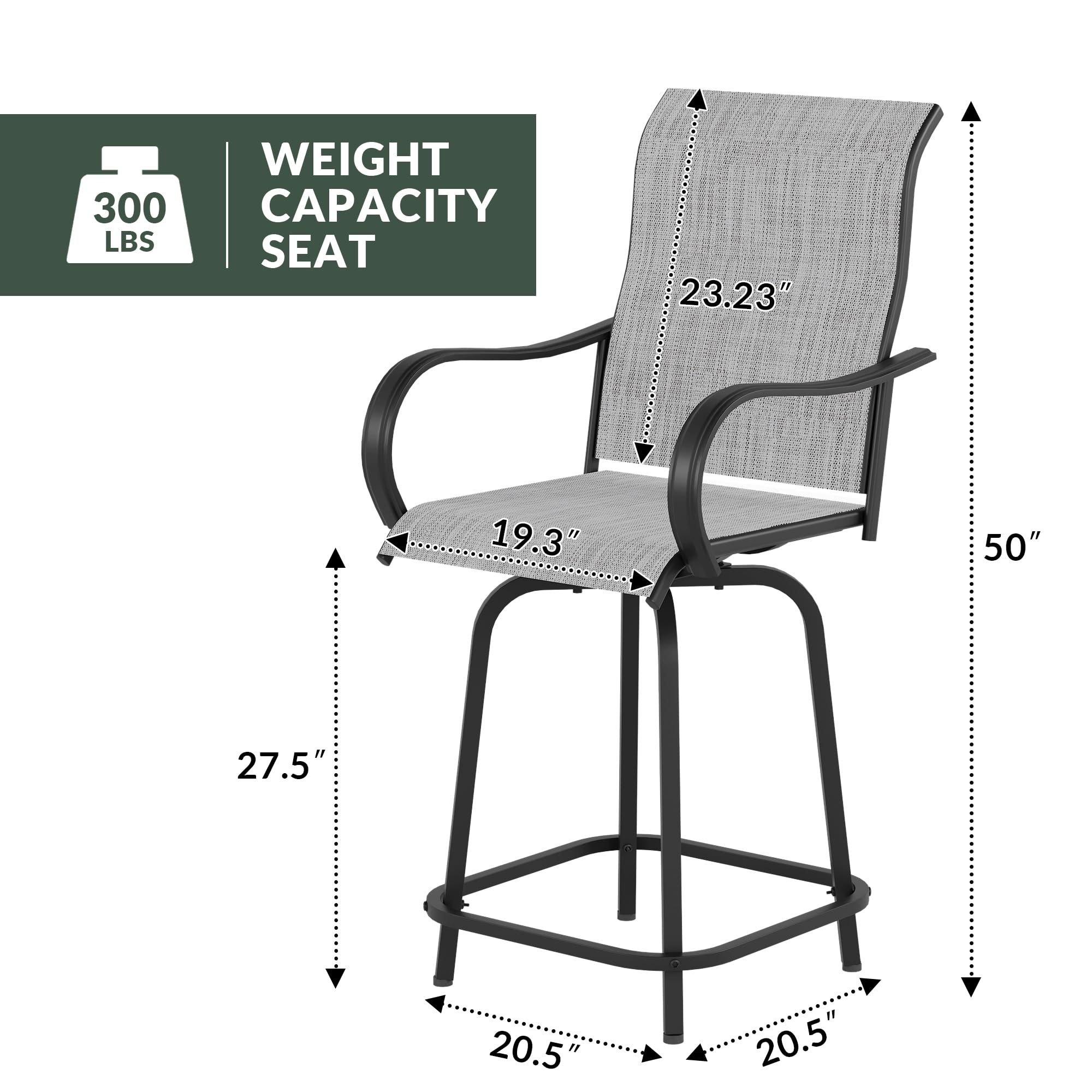 4-Piece Outdoor Patio Swivel Bar Stools Set - High Back Bar Height Chairs with Armrests, 300lb Capacity, All-Weather Mesh for Backyard, Poolside, Garden & Deck - Perfect for Outdoor Entertaining & Relaxation (Grey)