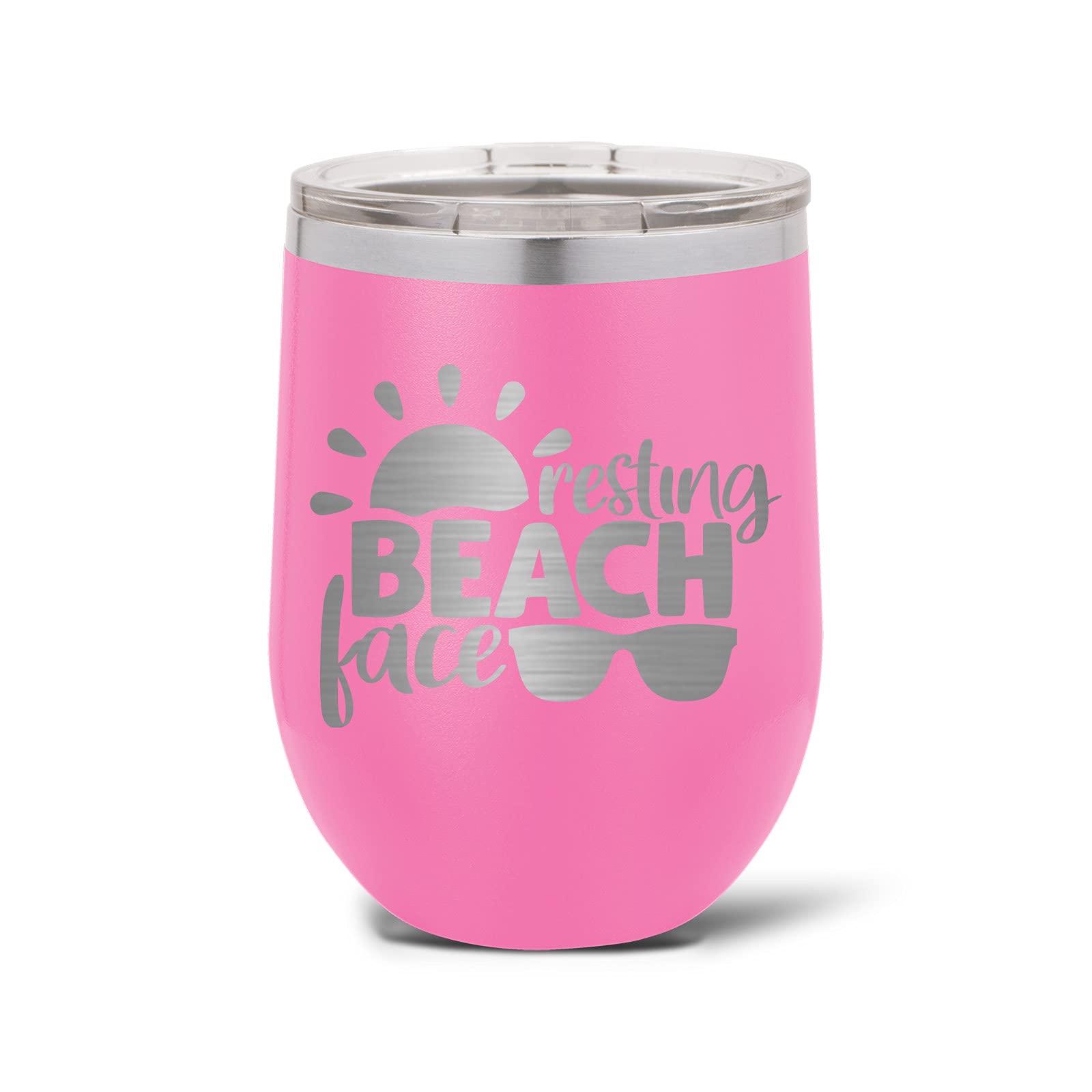 Resting Beach Face Stemless Wine Glass Stainless Steel Tumbler - Insulated 20oz Travel Cup with Lid (Pink) - Perfect for Beach Vacations, Pool Parties & Summer Drinks