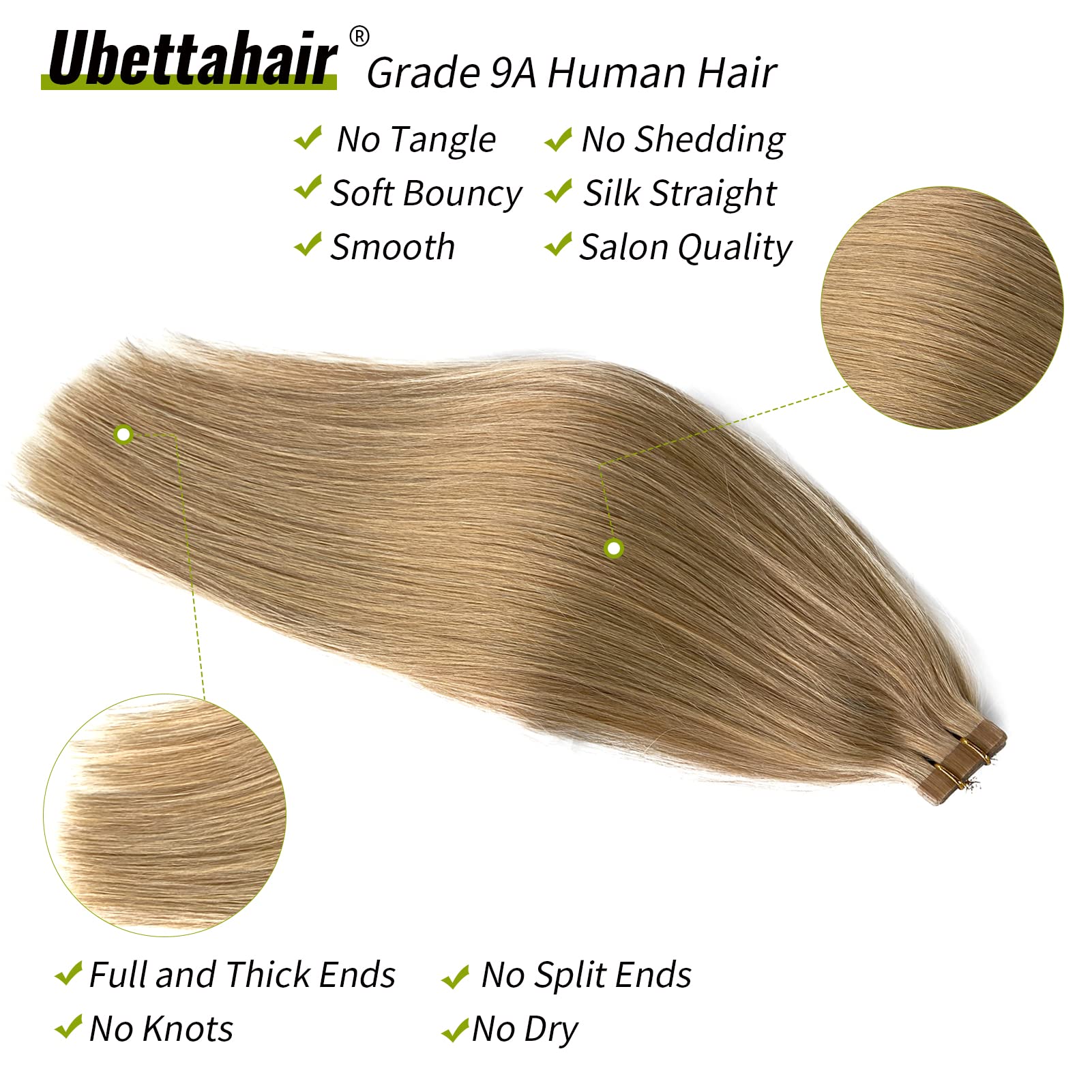 Ubetta Tape in Hair Extensions 20 Inch - 20 Pieces Real Human Hair, Seamless Skin Weft with Double Sided Adhesive - Invisible Golden Blonde Colored Hair Extensions 50g for Women - Perfect for Volume, Length & Styling for Parties, Weddings & Daily Wear