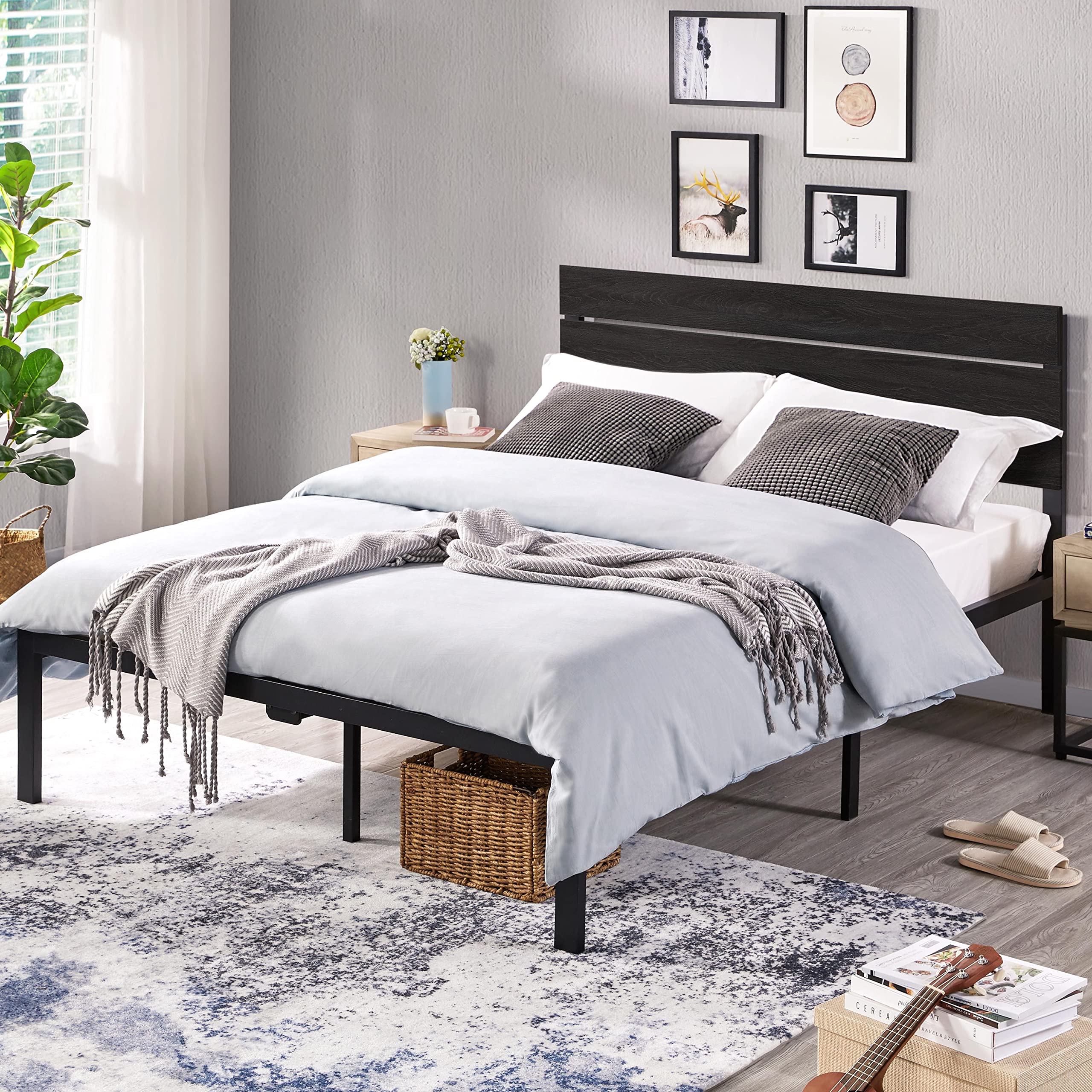 Yaheetech Queen Size Industrial Platform Bed Frame with Wood Headboard & Metal Slats - Rustic Country Style Bed with Mattress Foundation, 12
