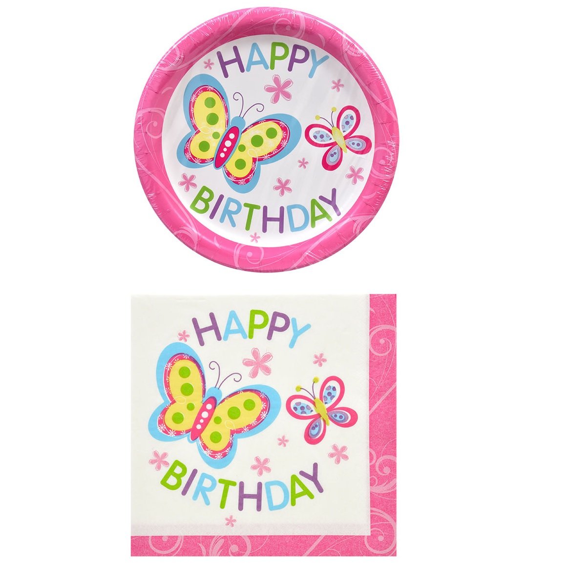 Greenbrier Happy Birthday Party Pack - 18 Premium Paper Plates & 20 Decorative Napkins Set for Kids Birthday Parties, Baby Showers & Celebrations