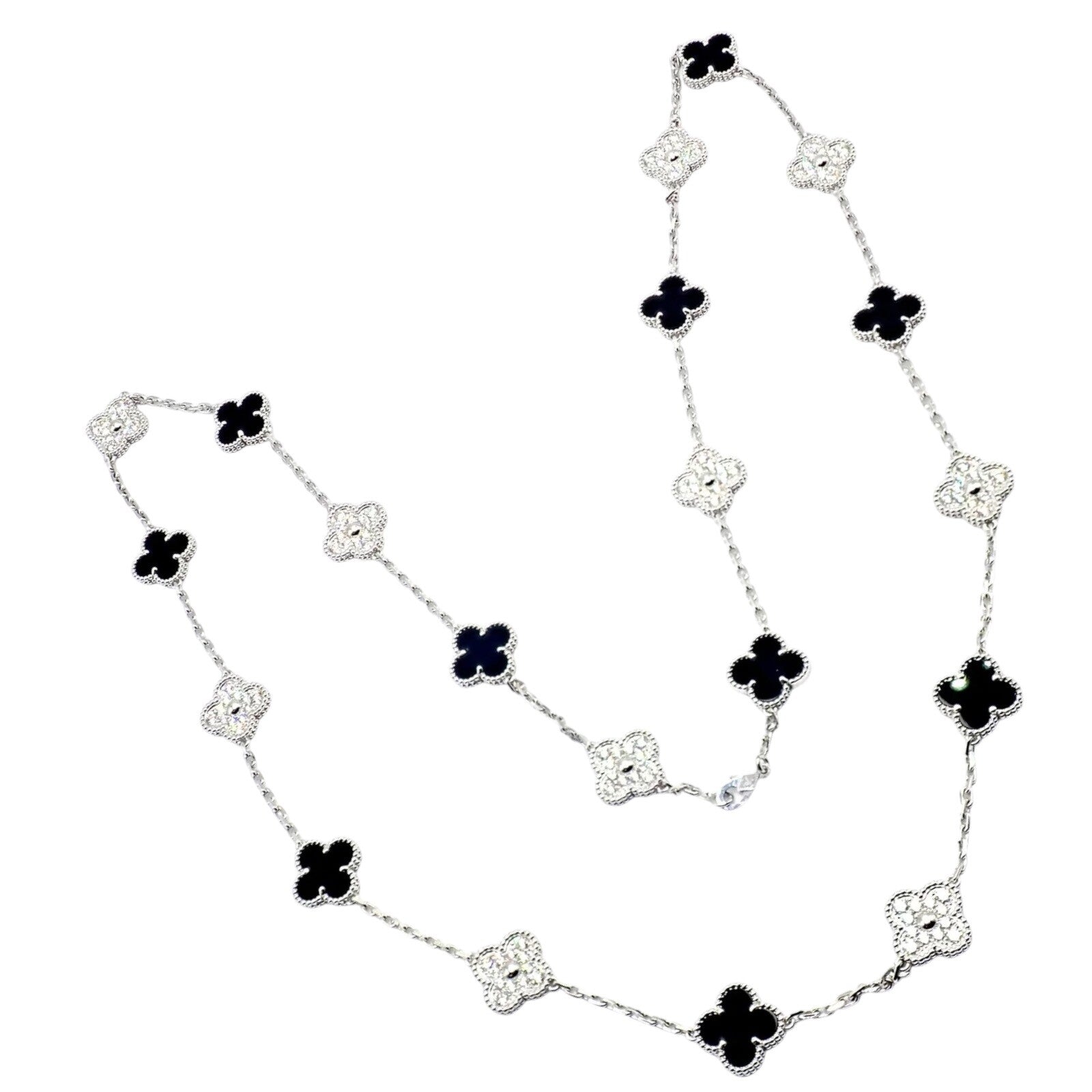 Van Cleef & Arpels 18k Gold 20 Motif Vintage Alhambra Diamond Onyx Necklace with Certificate - Luxury Jewelry for Women, Perfect for Weddings, Anniversaries & Special Occasions