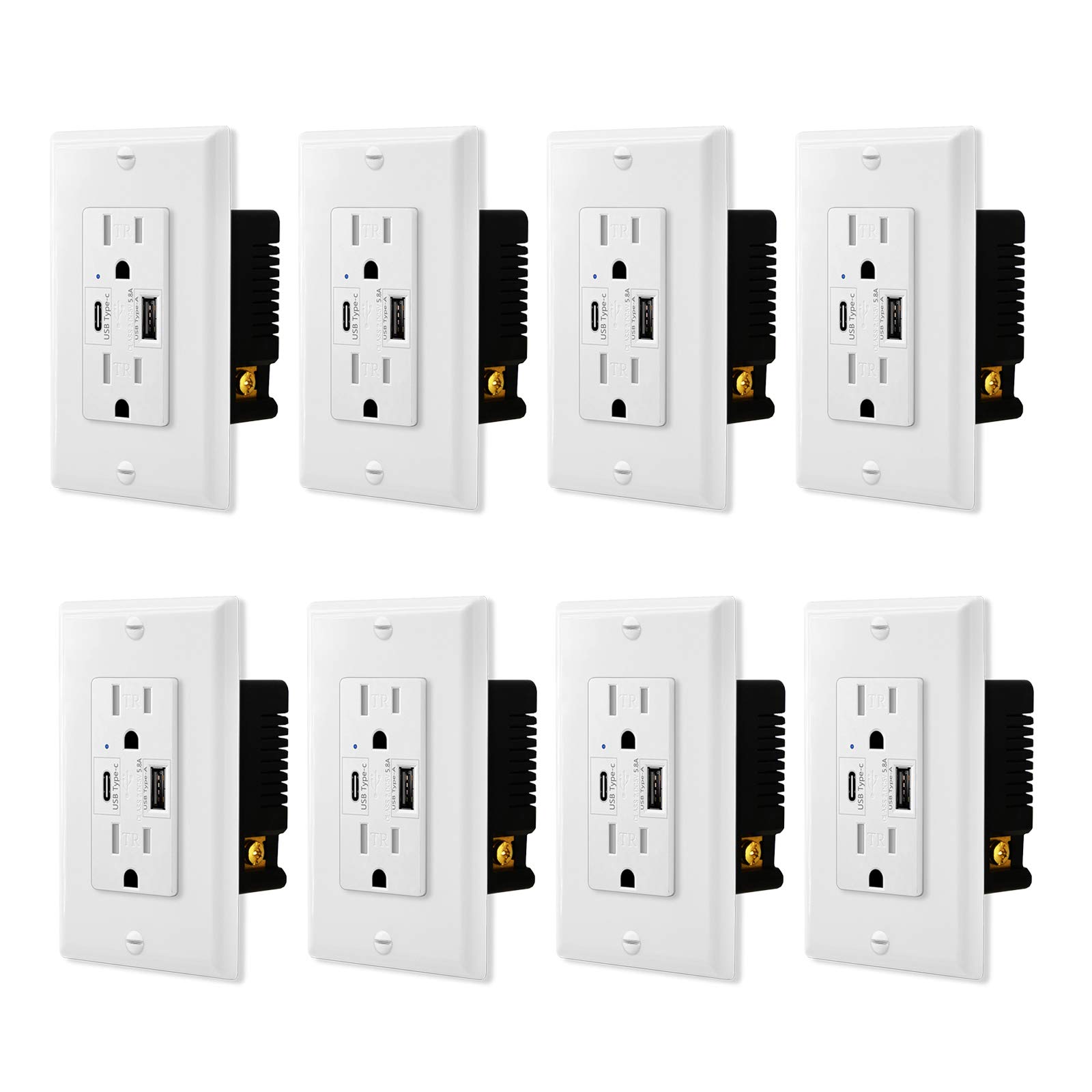 8-Pack High-Speed 5.8A USB Type C/A Dual Port Wall Outlet with Tamper-Resistant 15A Receptacle - White Duplex Electrical Socket for iPhone, Samsung & Smartphones - UL Listed - Perfect for Home, Office & Hotel Charging Stations