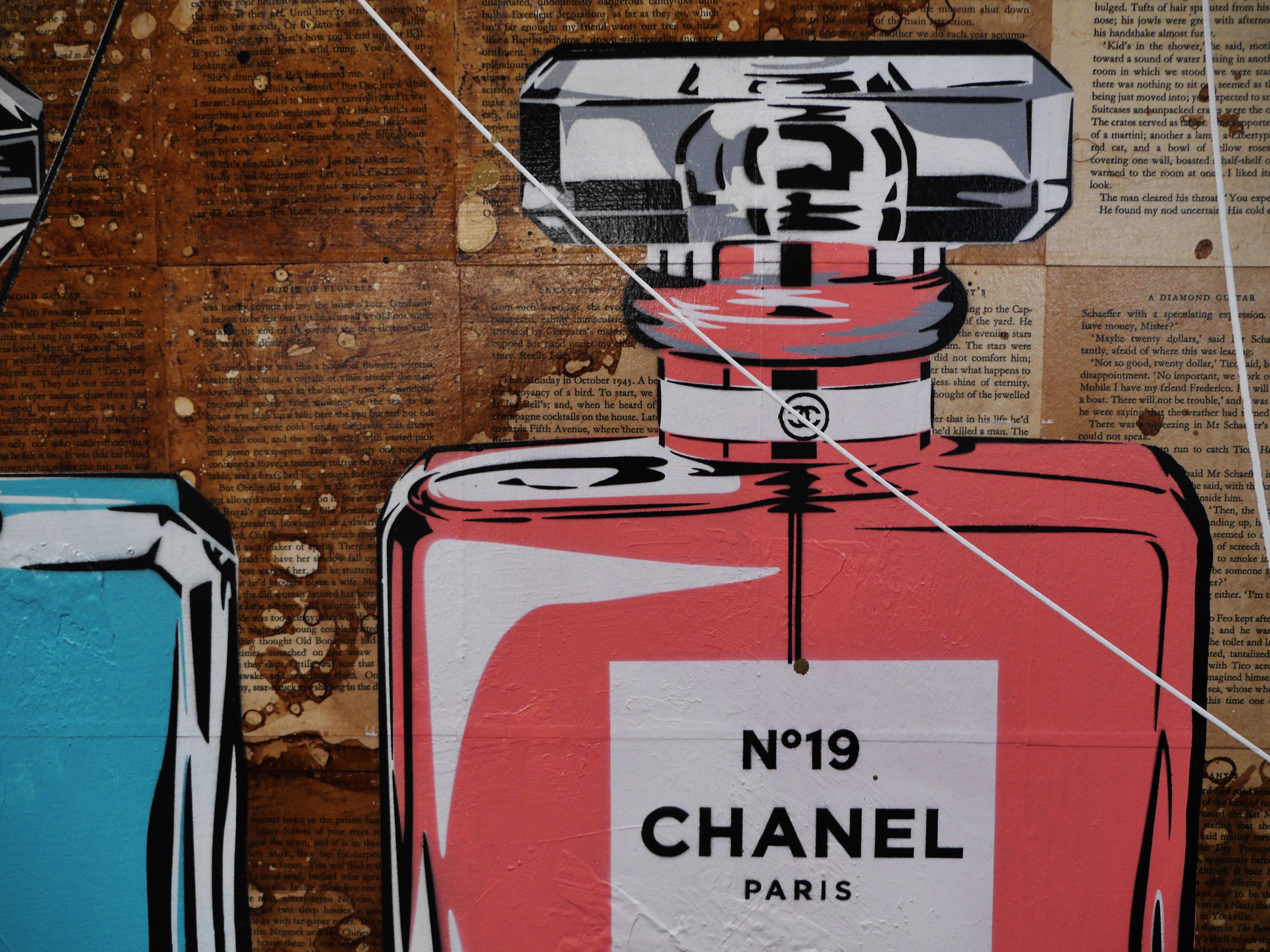 Chanel Perfume Bottles Urban Pop Art Painting - 63x24 Inch Large Canvas Wall Decor for Living Room, Bedroom & Office - Perfect Gift for Book Club Members & Perfume Lovers