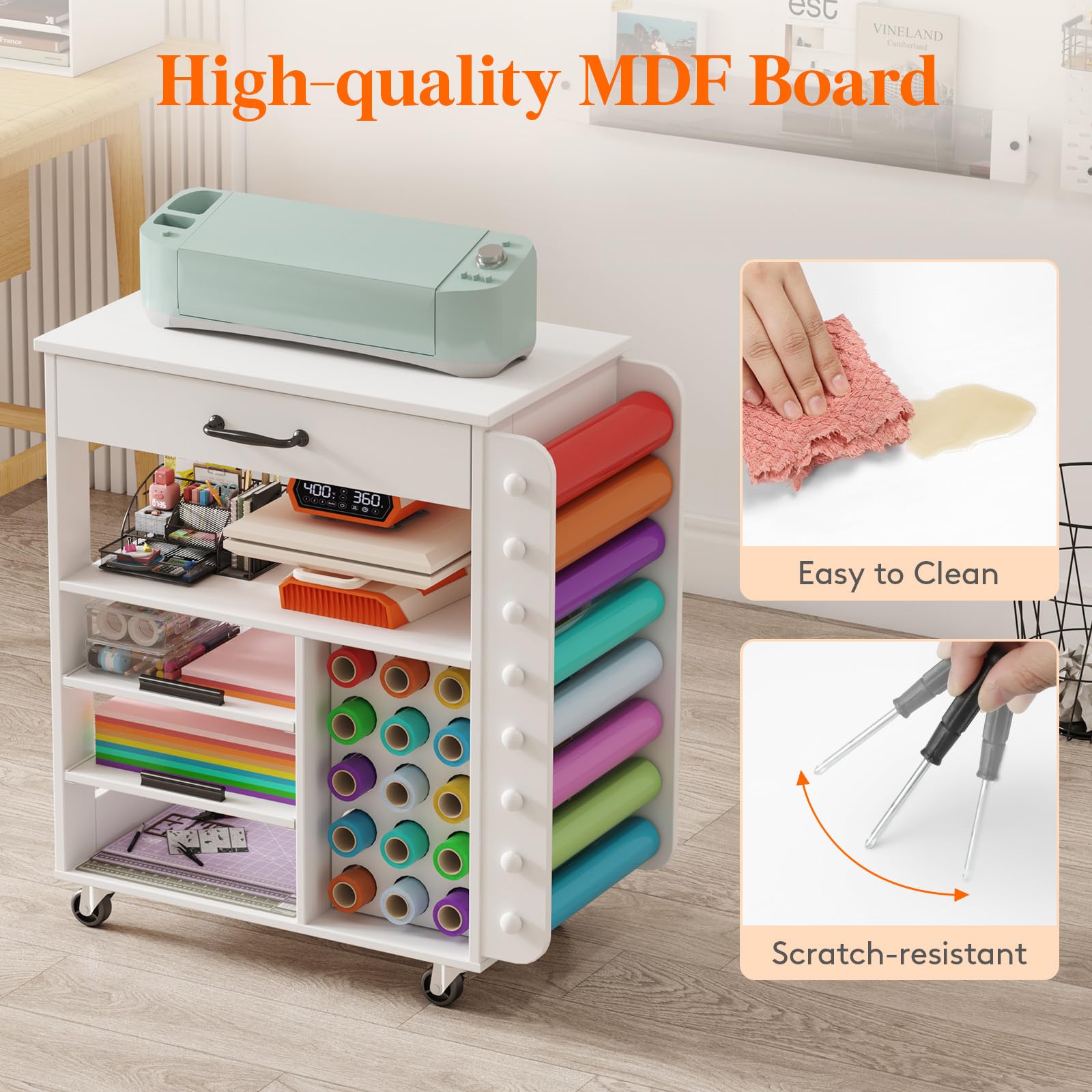 Lifewit Rolling Craft Cart with Pull-Out Tray & Drawer - 23 Vinyl Roll Holders Storage Organizer for Cricut Machines | Perfect for Craft Room, Home Office & DIY Projects | Mobile Craft Station for Scrapbooking, Vinyl Cutting & Art Supplies Organization
