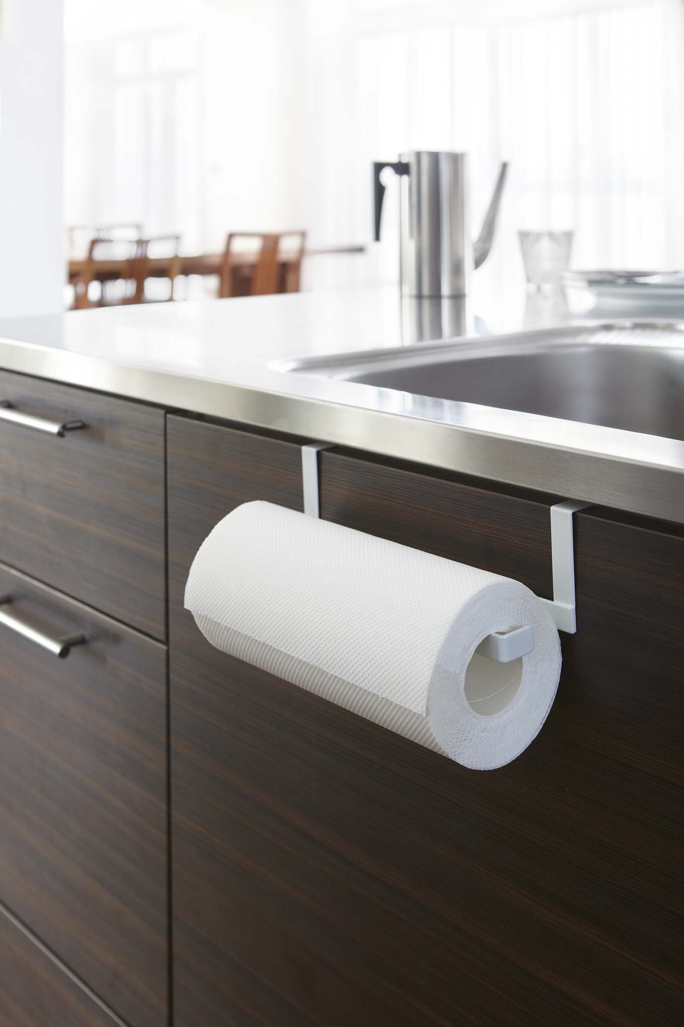 Yamazaki 7513 White Kitchen Paper Towel Holder & Hanger Tower - Space Saving Organizer for Countertop, Pantry or Small Kitchen