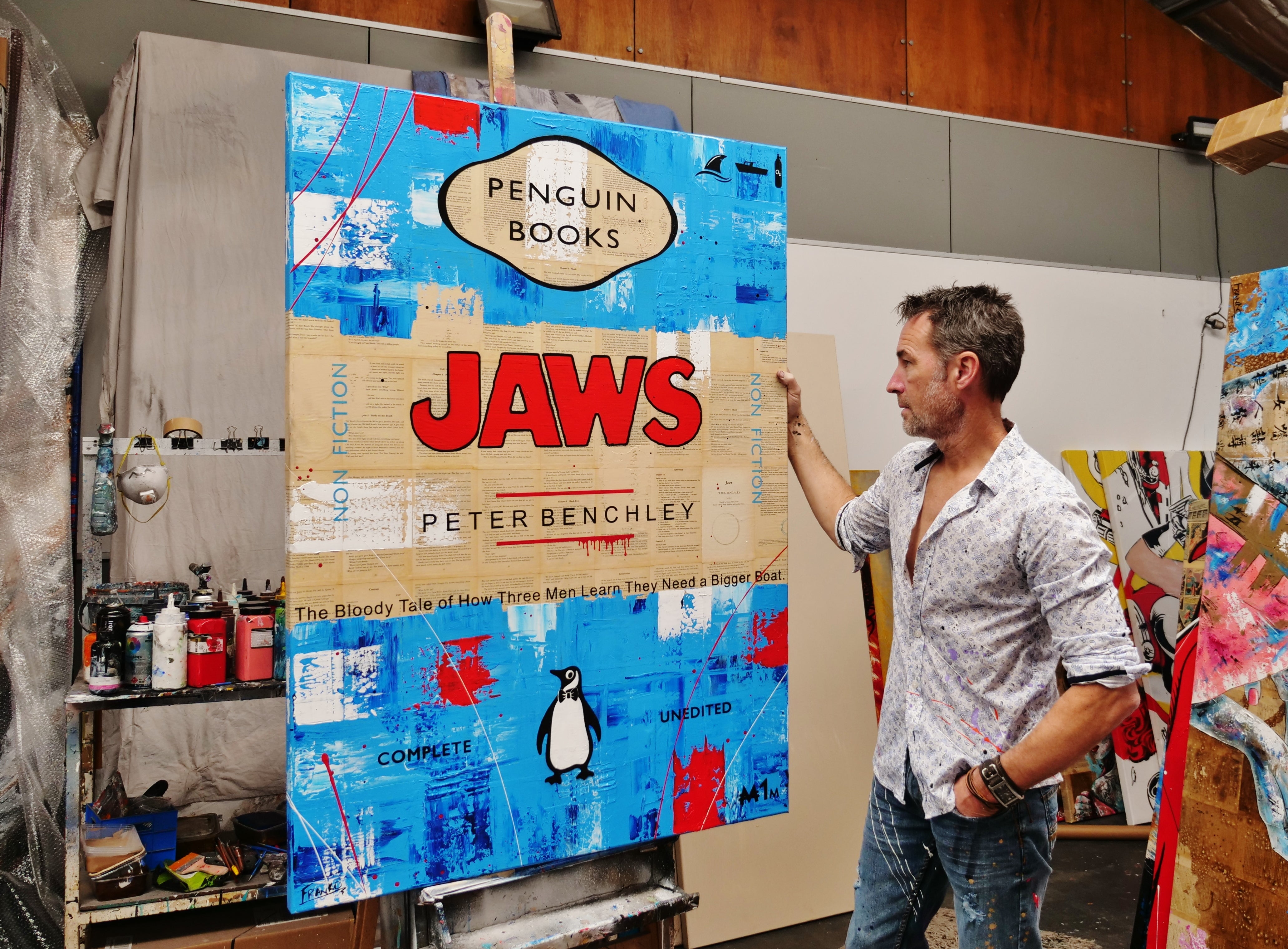 Jaws 140cm x 100cm Urban Pop Art Book Club Wall Painting - Perfect for Movie Themed Decor, Home Theater, or Office Wall Art