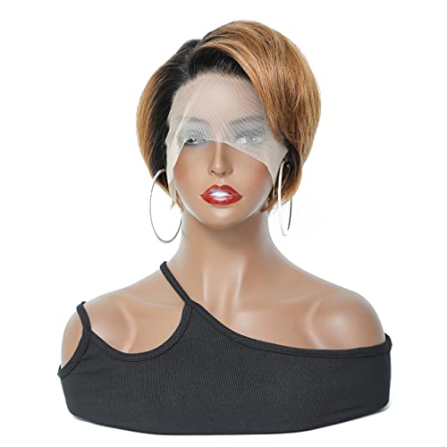 13x6x1 T Part Ombre Brazilian Human Hair Wigs with HD Lace Front & Baby Hair | Pre Plucked Short Pixie Cut Wigs for Black Women | Natural Hairline & Transparent Lace | Perfect for Daily Wear, Cosplay & Special Occasions