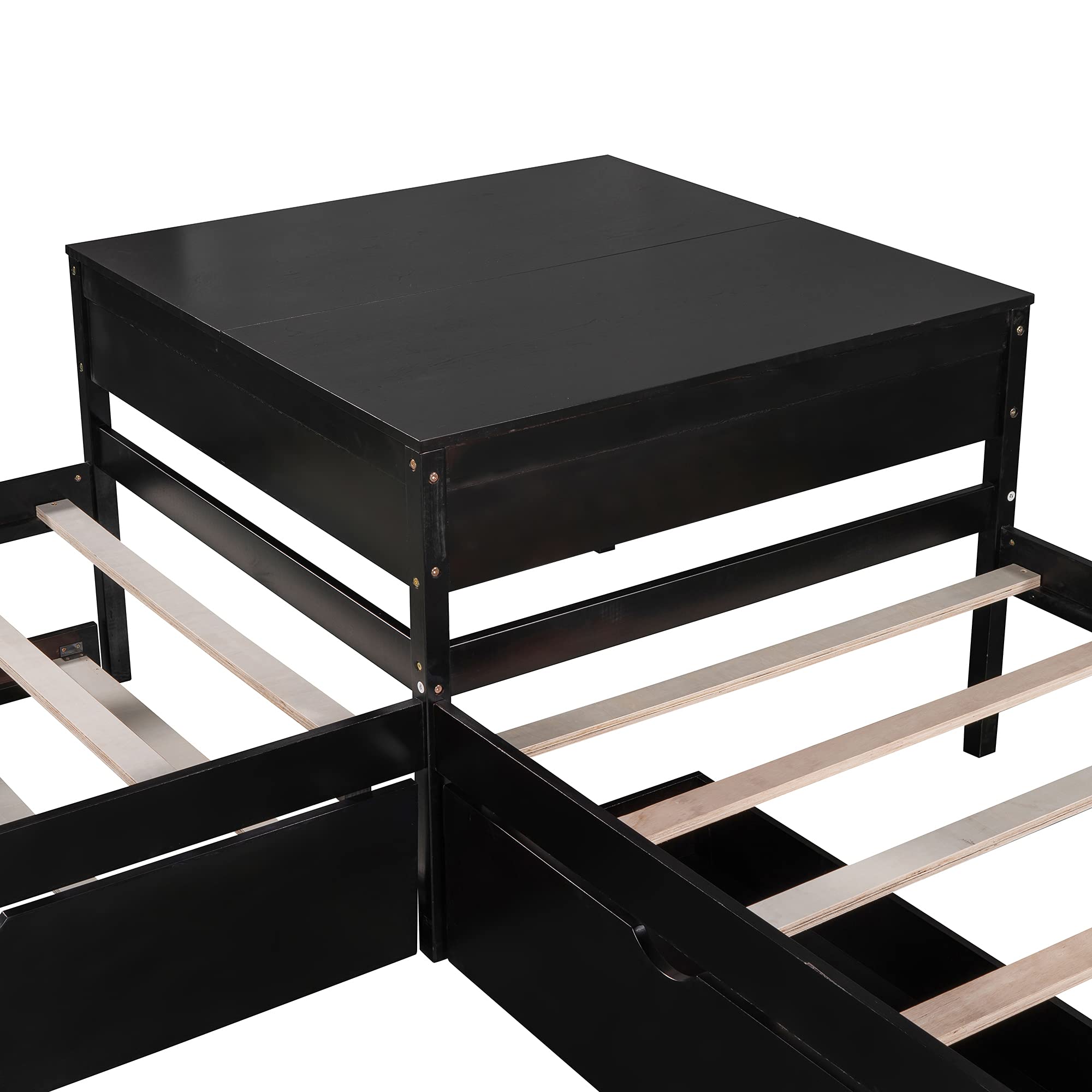 L-Shaped Twin Platform Bed with Trundle and Storage Drawers - Wooden Corner Bed Frame with Built-In Desk for 3 People in Espresso Finish - Perfect for Small Bedrooms, Kids Rooms, and Shared Spaces