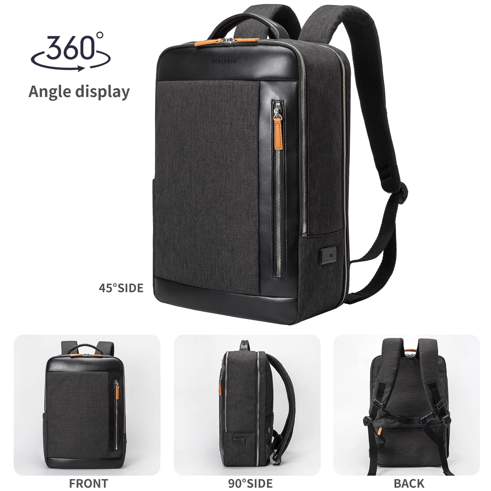 NOBLEMAN Professional Luxury Expandable Leather Laptop Backpack for Men, Waterproof Business Travel Office Backpack Fits 17 Inch Tech Laptop, Perfect for Executive, College, and Daily Commute (Black)