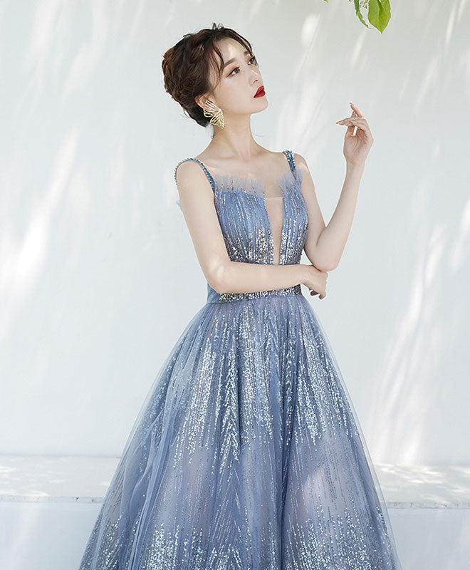Elegant Blue Tulle Sequin Off-Shoulder Long Prom Dress for Evening Gala & Formal Events | Perfect for Homecoming, Wedding Guest & Special Occasions
