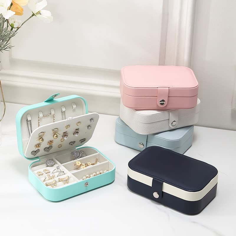 Portable Jewelry Organizer Travel Case - 2 Layer PU Leather Small Jewelry Storage Box for Necklaces, Rings & Earrings - Light Blue Compact Jewelry Holder for Women, Perfect for Travel, Home & Office Use (JBJV05T)