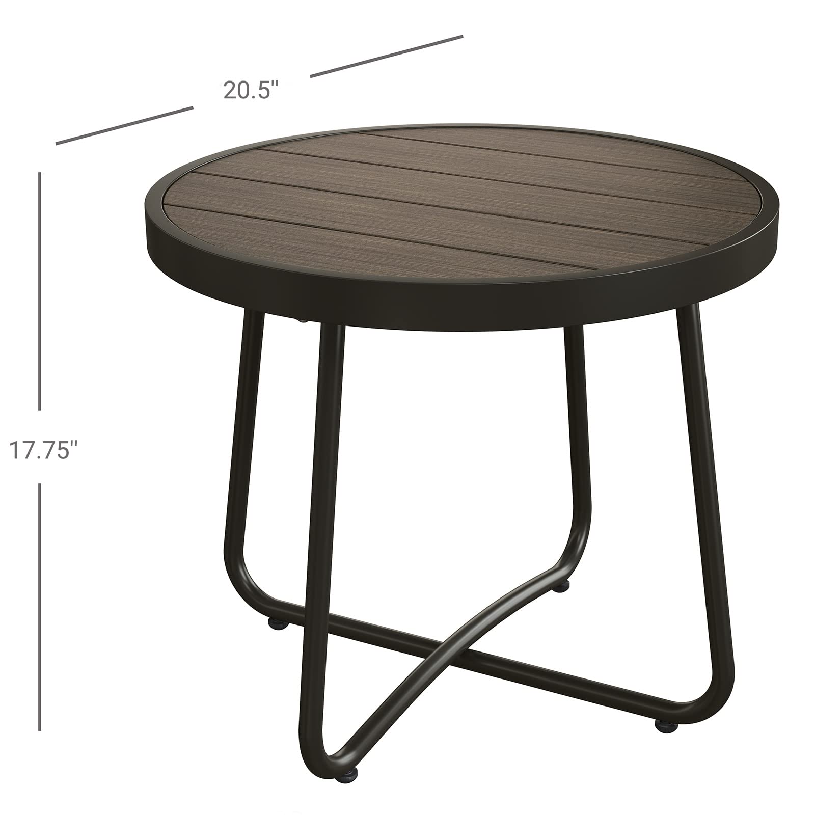 Outdoor Round Side Table with Imitation Wood Tabletop - Dark Grey Patio End Table for Garden, Deck, and Poolside Relaxation